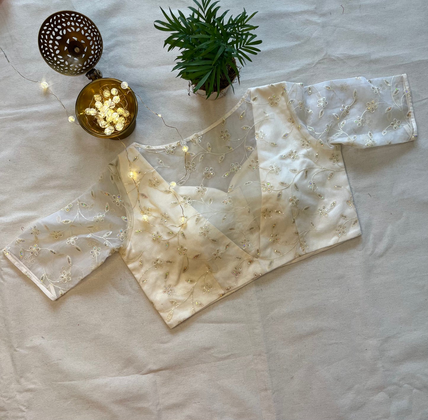 Luxurious Cream White Organza Padded Blouse with Sequins Embroidery – Elegant Designer Wear