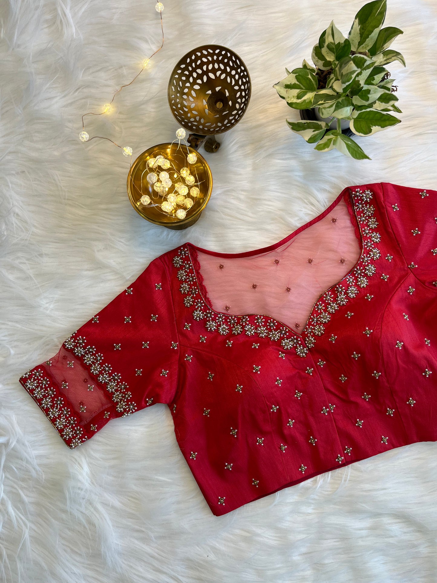 Classic Red Zardozi Front-Open Blouse - Premium Raw Silk Fusion for Festive Glamour