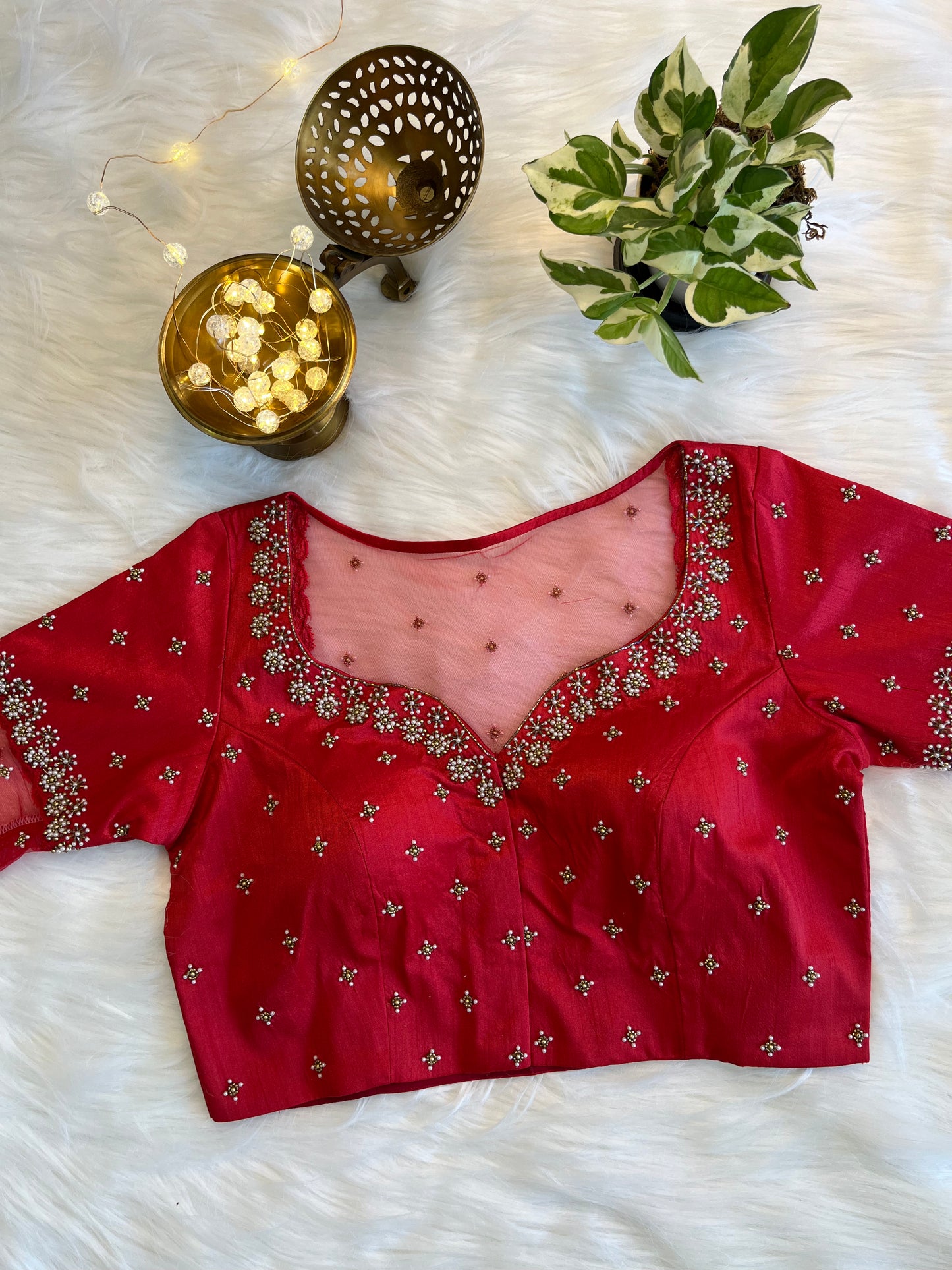 Classic Red Zardozi Front-Open Blouse - Premium Raw Silk Fusion for Festive Glamour