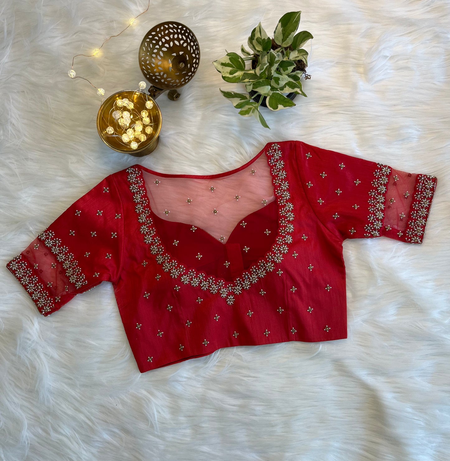 Classic Red Zardozi Front-Open Blouse - Premium Raw Silk Fusion for Festive Glamour
