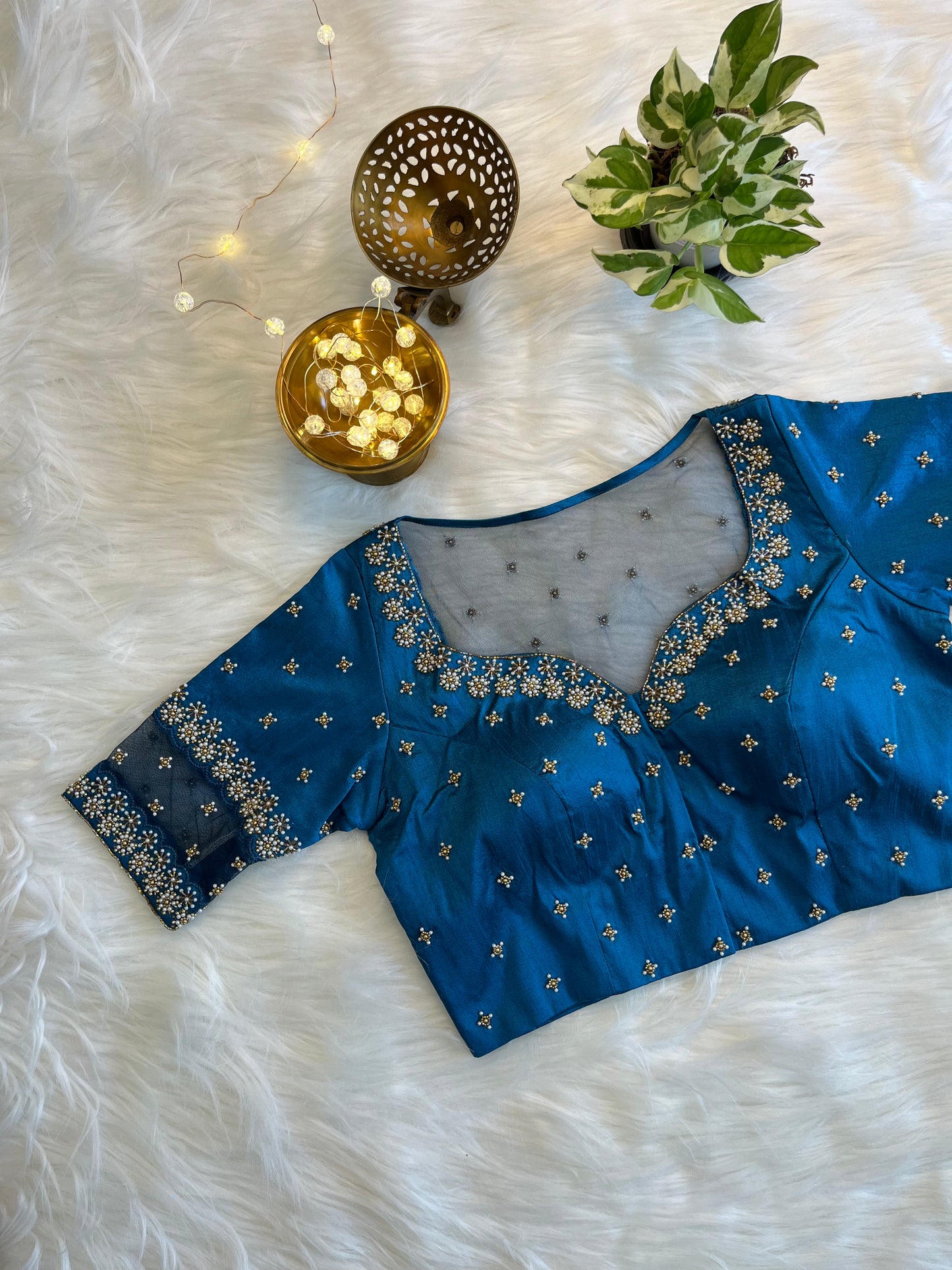 Teal Blue Zardozi Front-Open Blouse - Elegant Raw Silk Fusion for Festive Sophistication