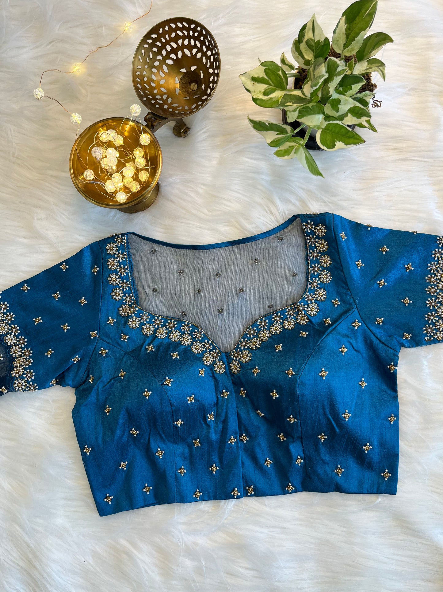 Teal Blue Zardozi Front-Open Blouse - Elegant Raw Silk Fusion for Festive Sophistication