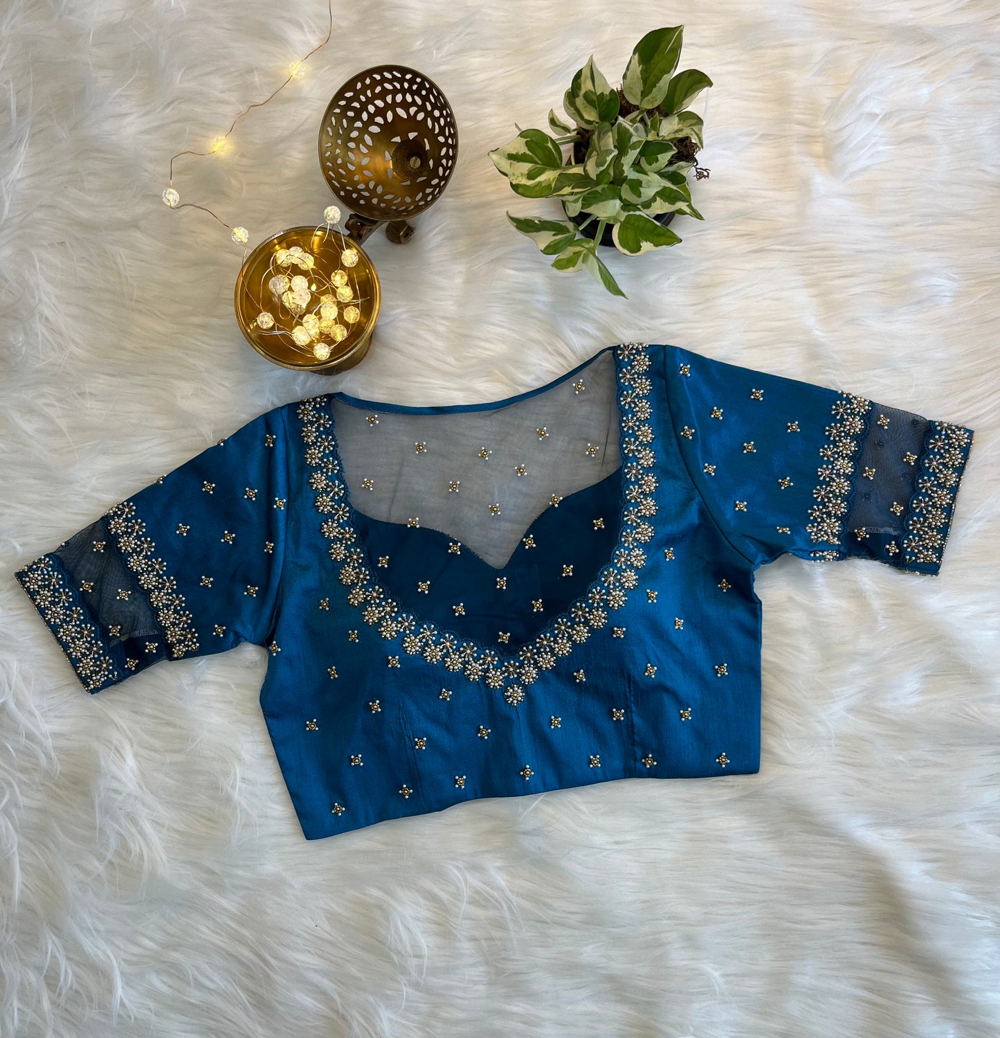 Teal Blue Zardozi Front-Open Blouse - Elegant Raw Silk Fusion for Festive Sophistication