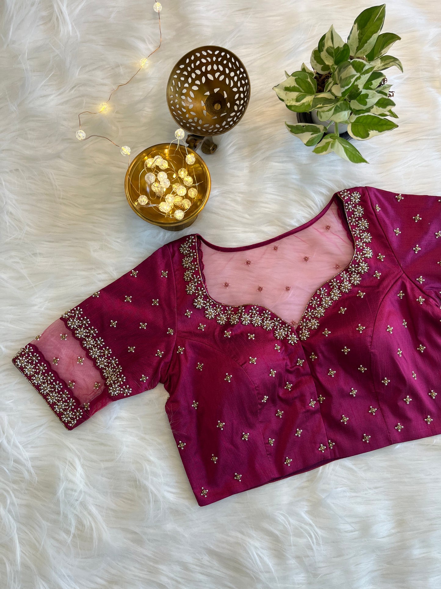 Purplish Red Zardozi Front-Open Blouse - Exquisite Raw Silk Fusion for Festive Elegance