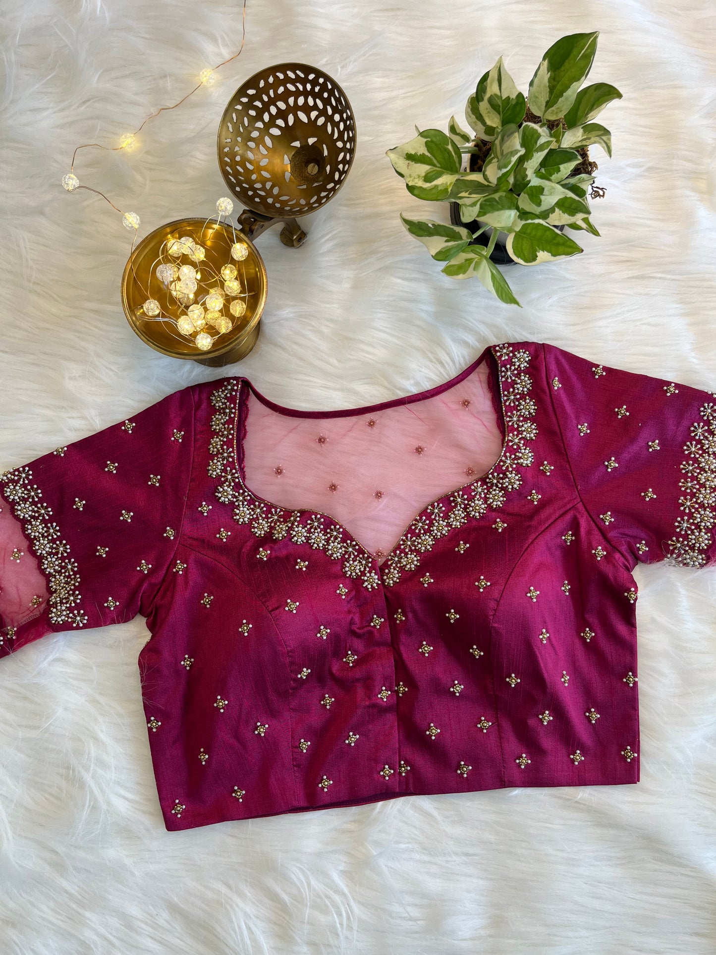 Purplish Red Zardozi Front-Open Blouse - Exquisite Raw Silk Fusion for Festive Elegance