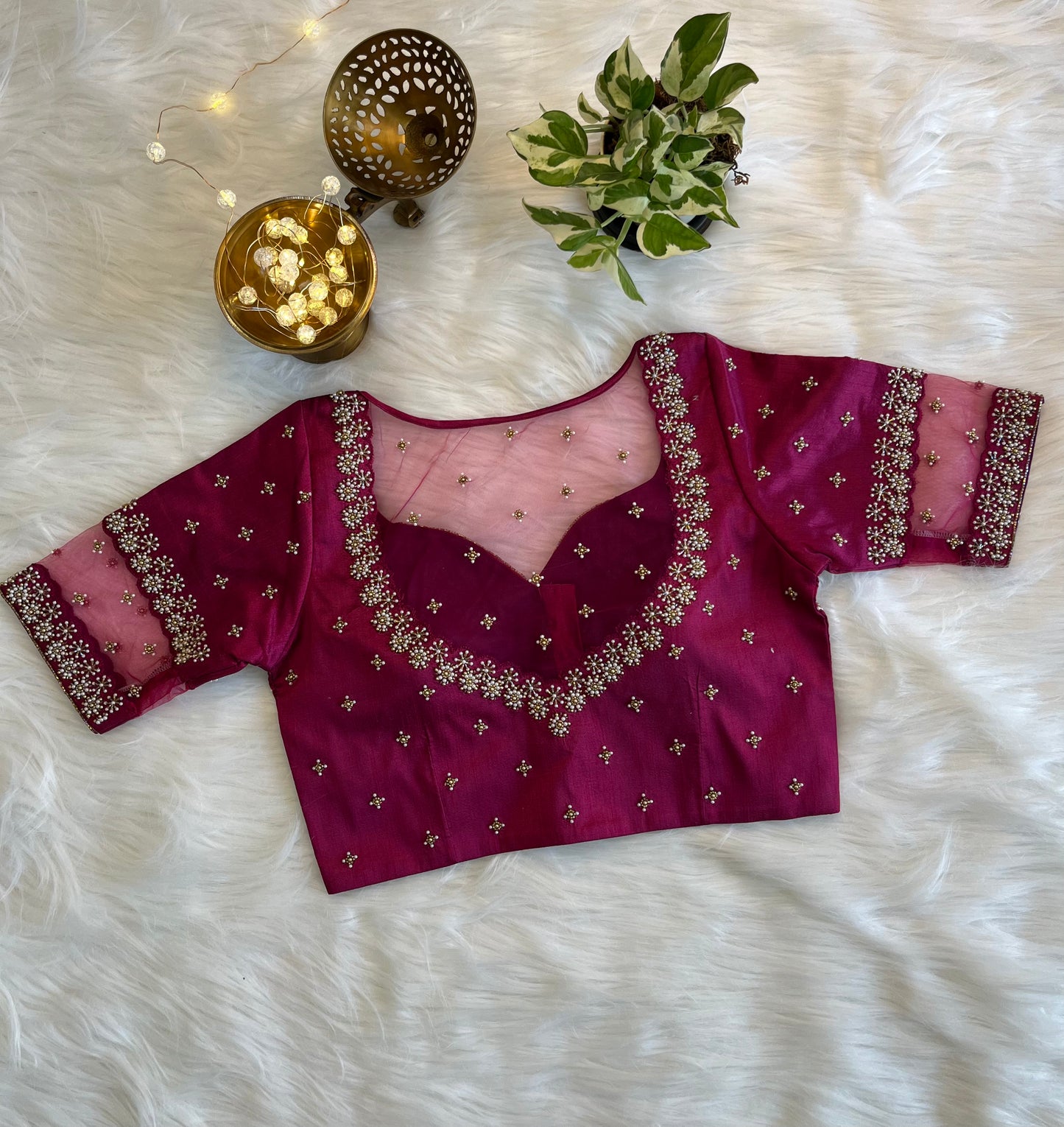 Purplish Red Zardozi Front-Open Blouse - Exquisite Raw Silk Fusion for Festive Elegance