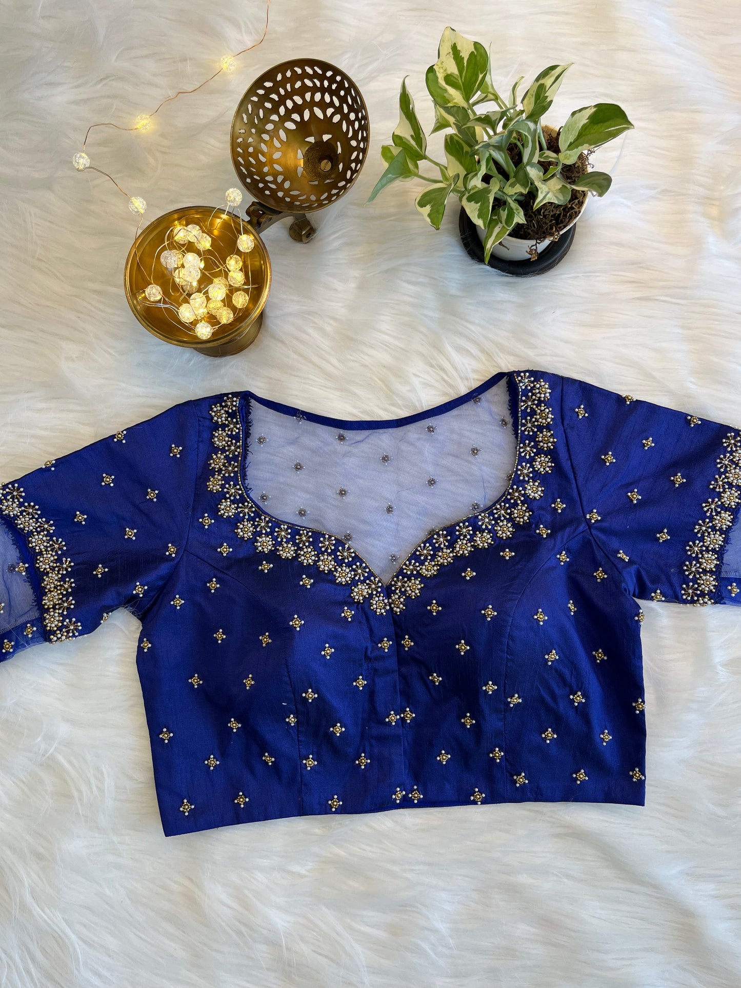 Royal Blue Zardozi Front-Open Blouse - Elegant Raw Silk Fusion for Festive Glamour