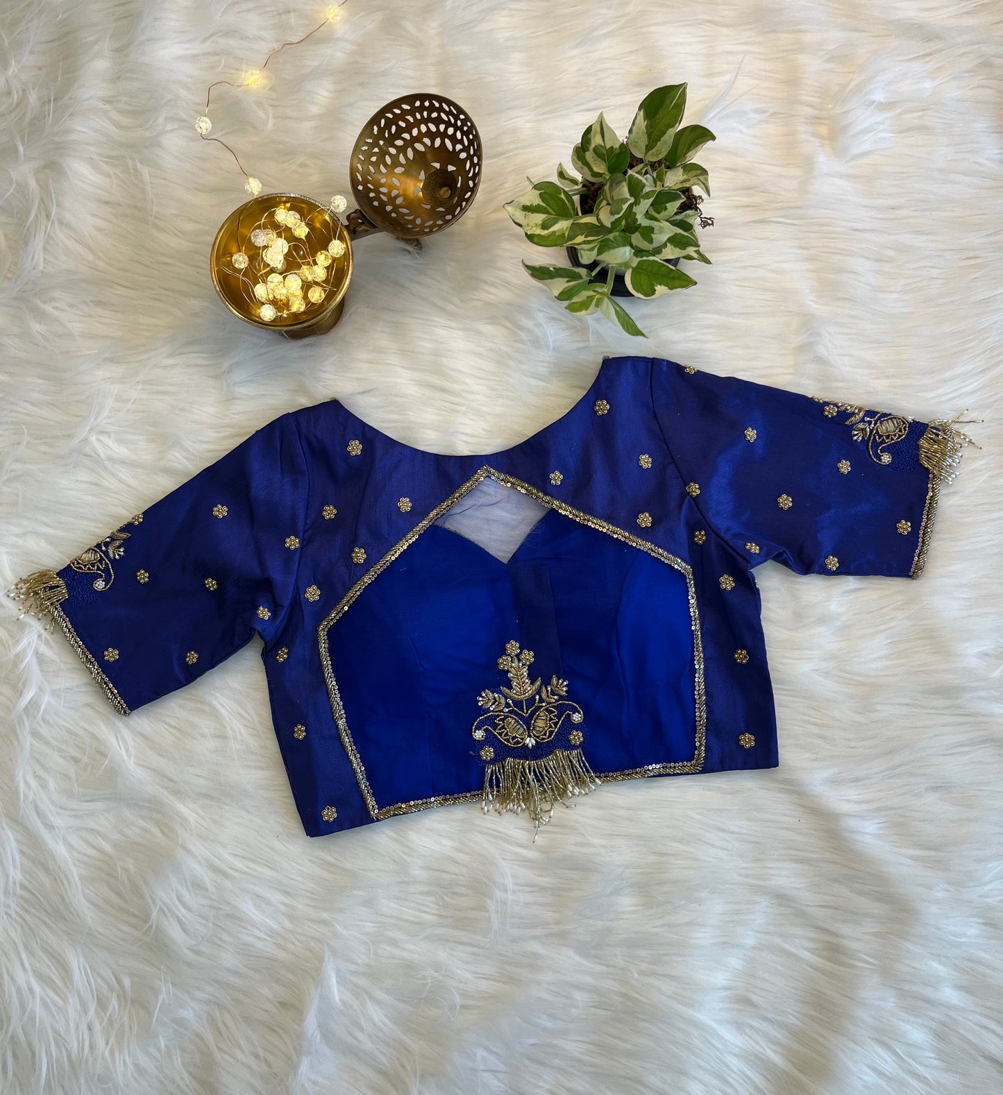 Royal Blue Zardozi Backless Blouse with Net Detailing - Luxurious Raw Silk Fusion