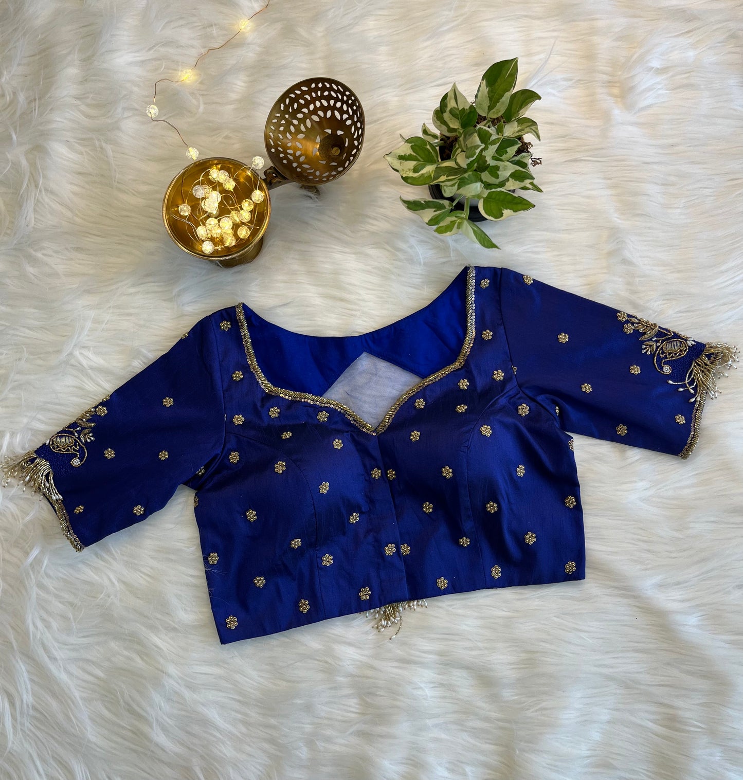 Royal Blue Zardozi Backless Blouse with Net Detailing - Luxurious Raw Silk Fusion