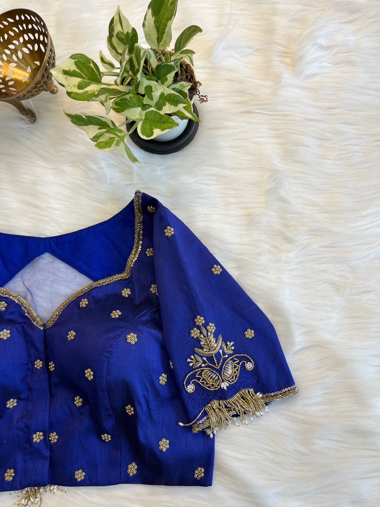 Royal Blue Zardozi Backless Blouse with Net Detailing - Luxurious Raw Silk Fusion