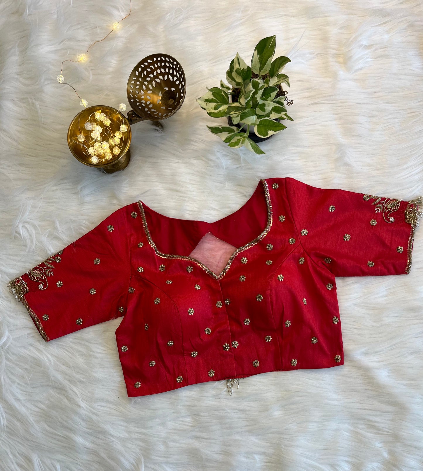 Cherry Red Zardozi Backless Blouse with Net Detailing - Elegant Raw Silk Fusion