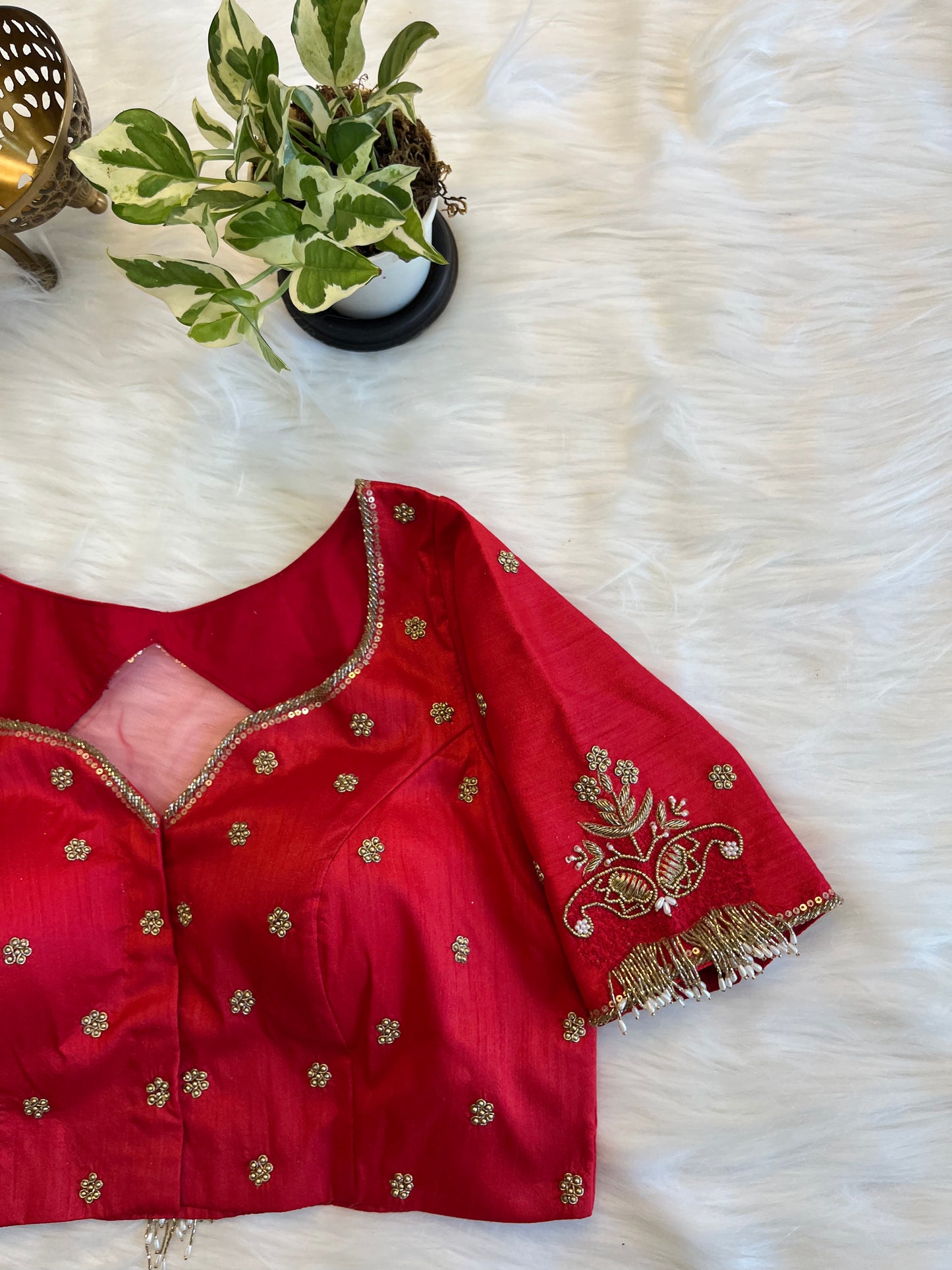 Cherry Red Zardozi Backless Blouse with Net Detailing - Elegant Raw Silk Fusion
