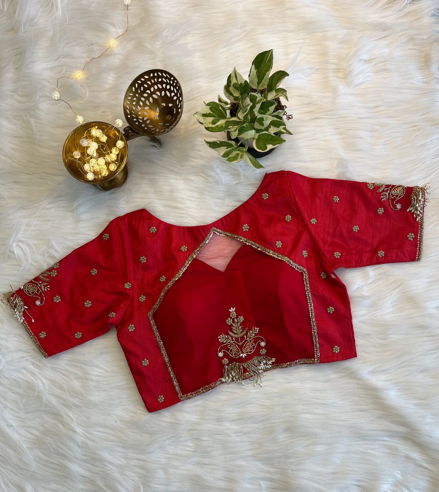 Cherry Red Zardozi Backless Blouse with Net Detailing - Elegant Raw Silk Fusion
