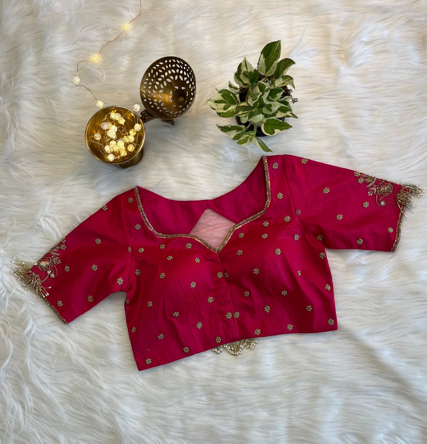 Rani Pink Zardozi Backless Blouse with Net Detailing - Premium Raw Silk Fusion