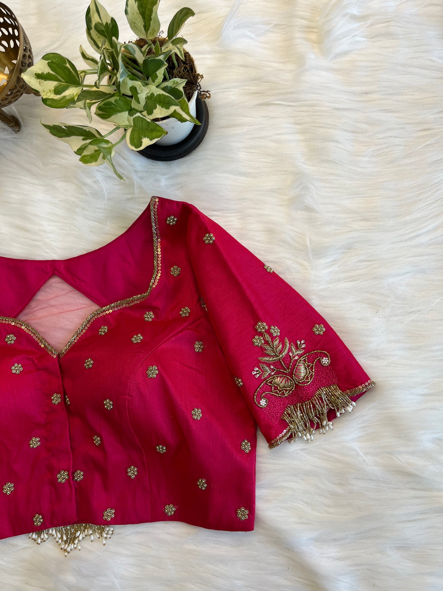 Rani Pink Zardozi Backless Blouse with Net Detailing - Premium Raw Silk Fusion
