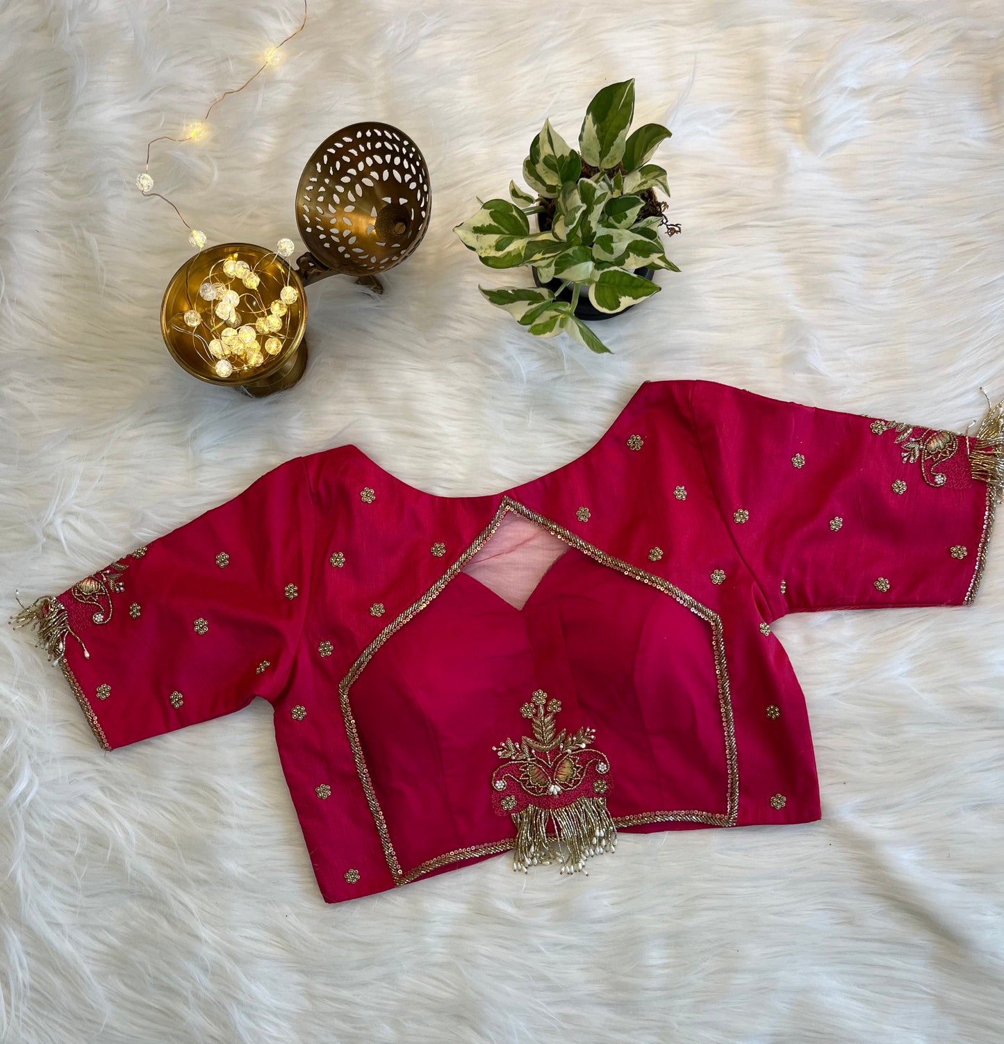 Rani Pink Zardozi Backless Blouse with Net Detailing - Premium Raw Silk Fusion