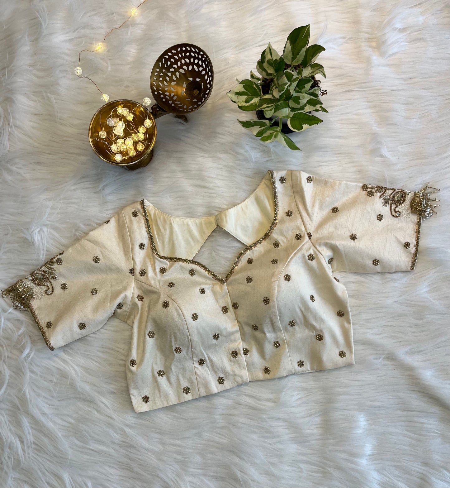 Swan White Zardozi Backless Blouse with Net Detailing - Luxurious Raw Silk Fusion