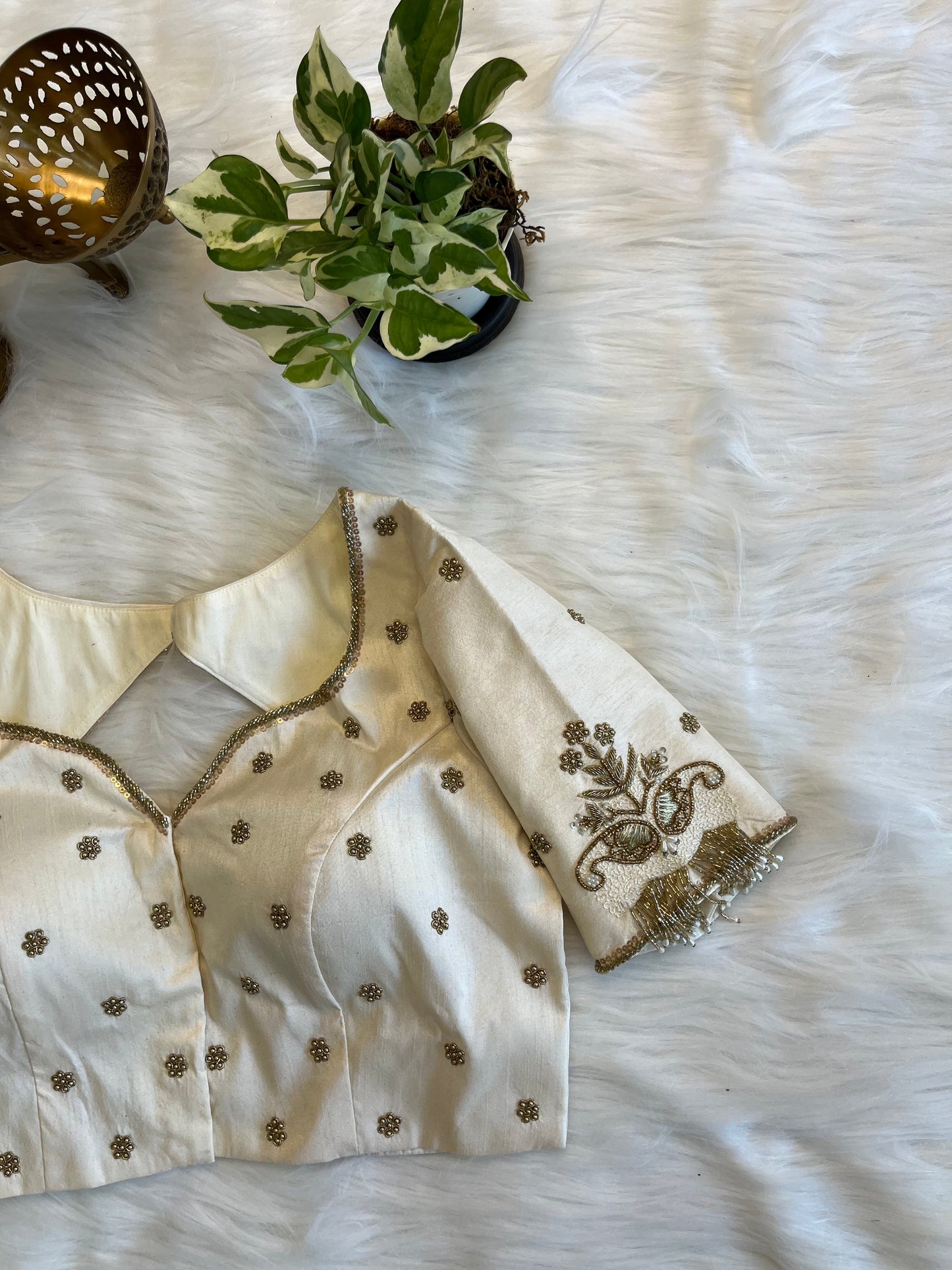 Swan White Zardozi Backless Blouse with Net Detailing - Luxurious Raw Silk Fusion