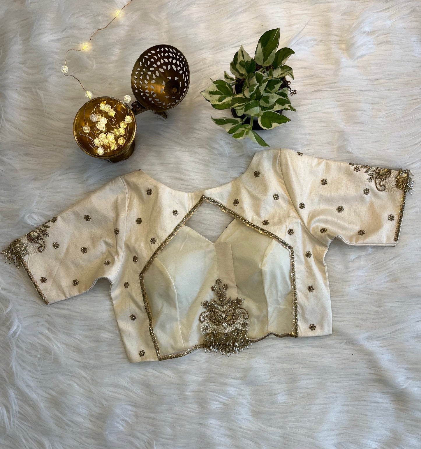 Swan White Zardozi Backless Blouse with Net Detailing - Luxurious Raw Silk Fusion