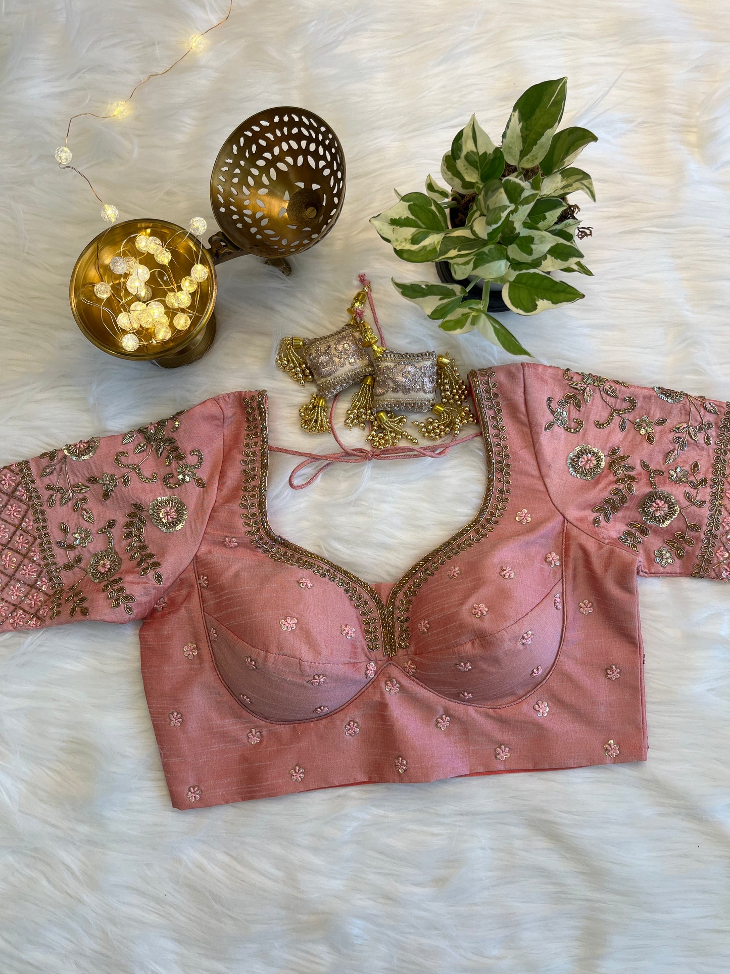 Charming Peach Pink Zardozi Blouse - Elegant Raw Silk Fusion for Special Occasions