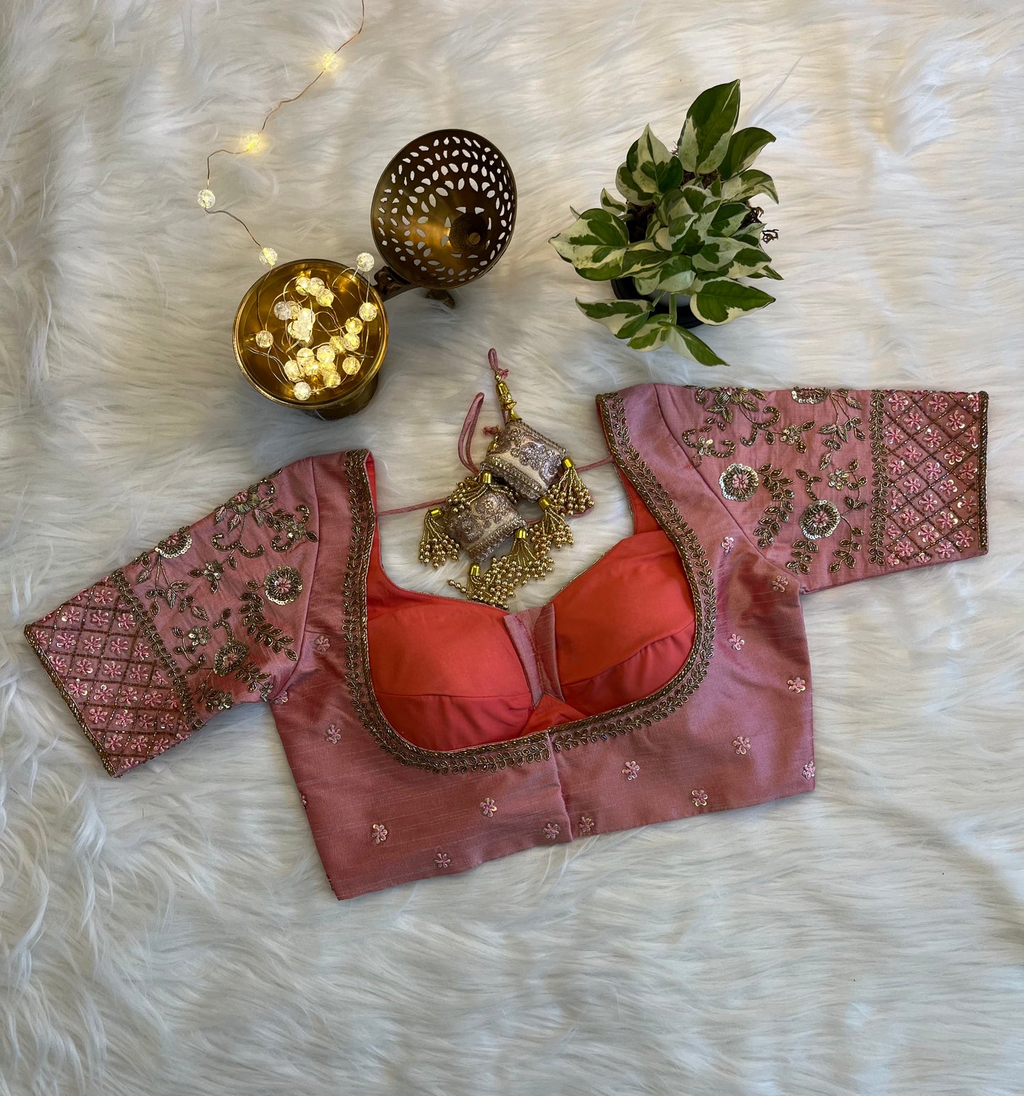 Charming Peach Pink Zardozi Blouse - Elegant Raw Silk Fusion for Special Occasions