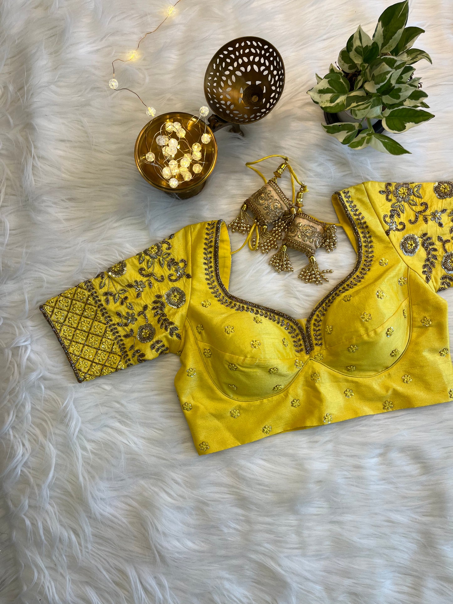 Vibrant Yellow Zardozi Blouse - Premium Raw Silk Fusion for Festive Glamour