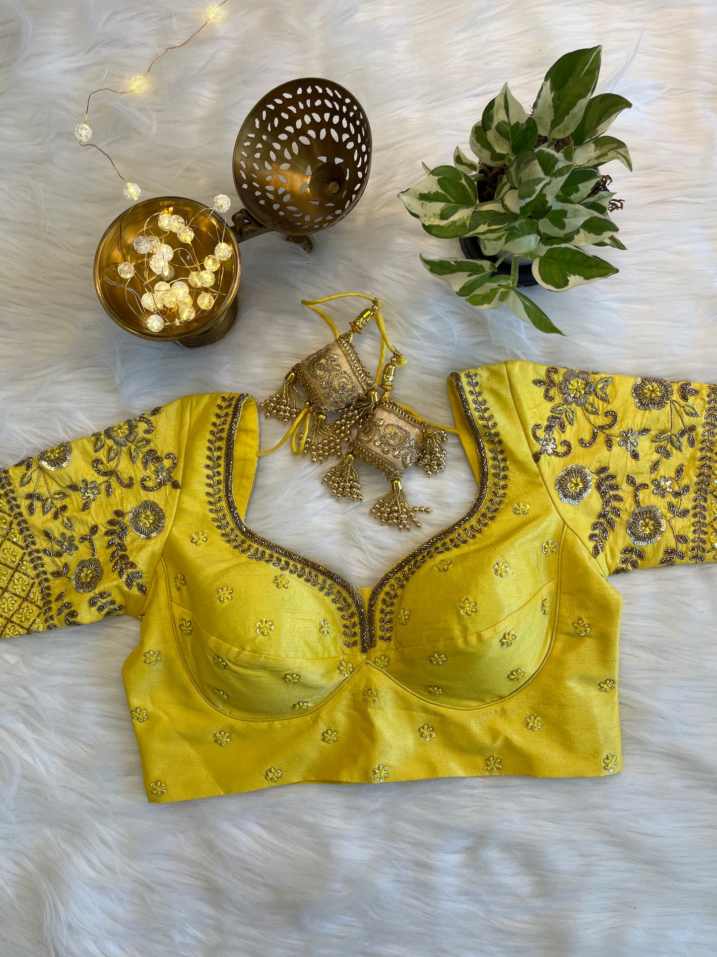 Vibrant Yellow Zardozi Blouse - Premium Raw Silk Fusion for Festive Glamour