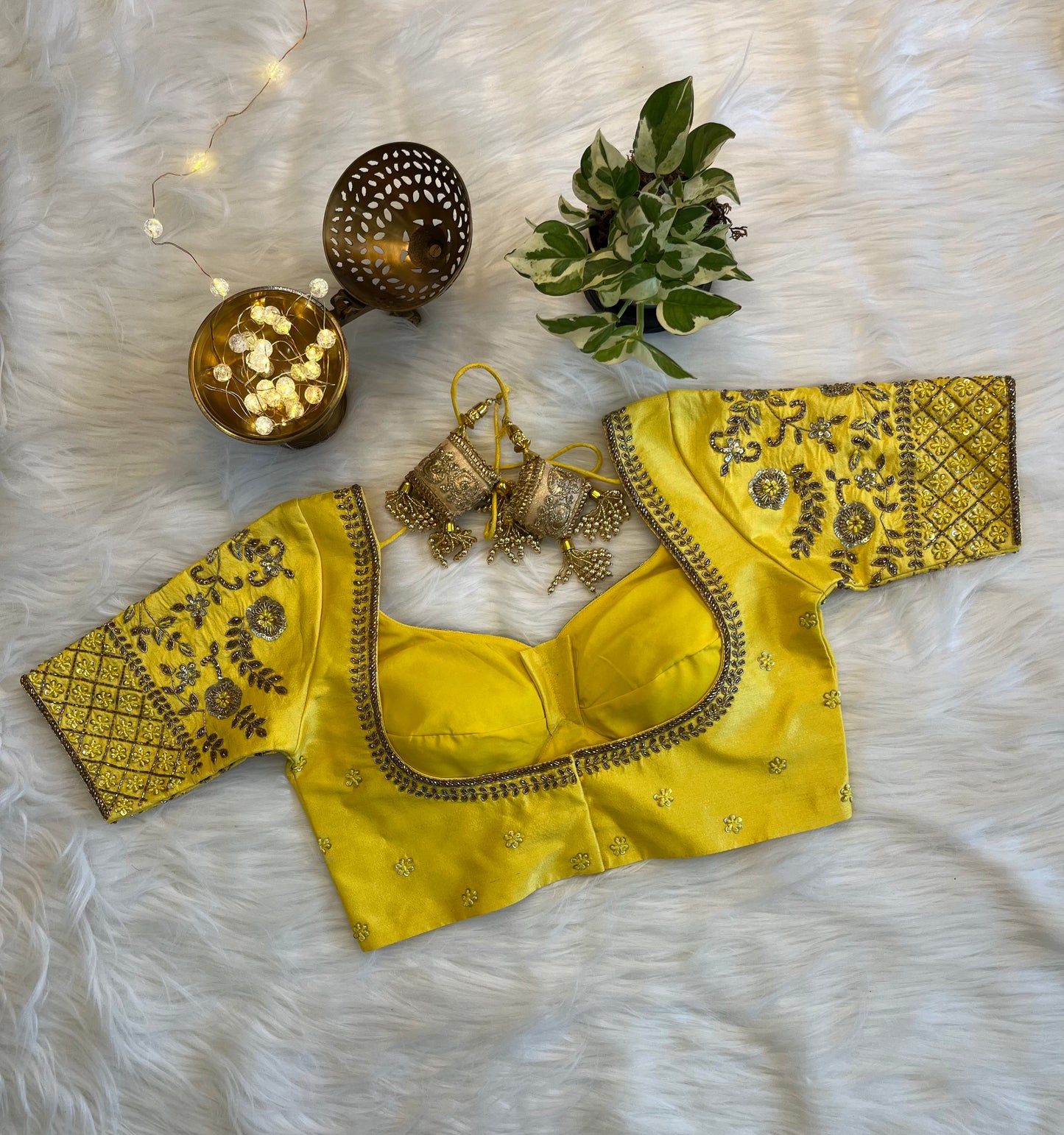 Vibrant Yellow Zardozi Blouse - Premium Raw Silk Fusion for Festive Glamour