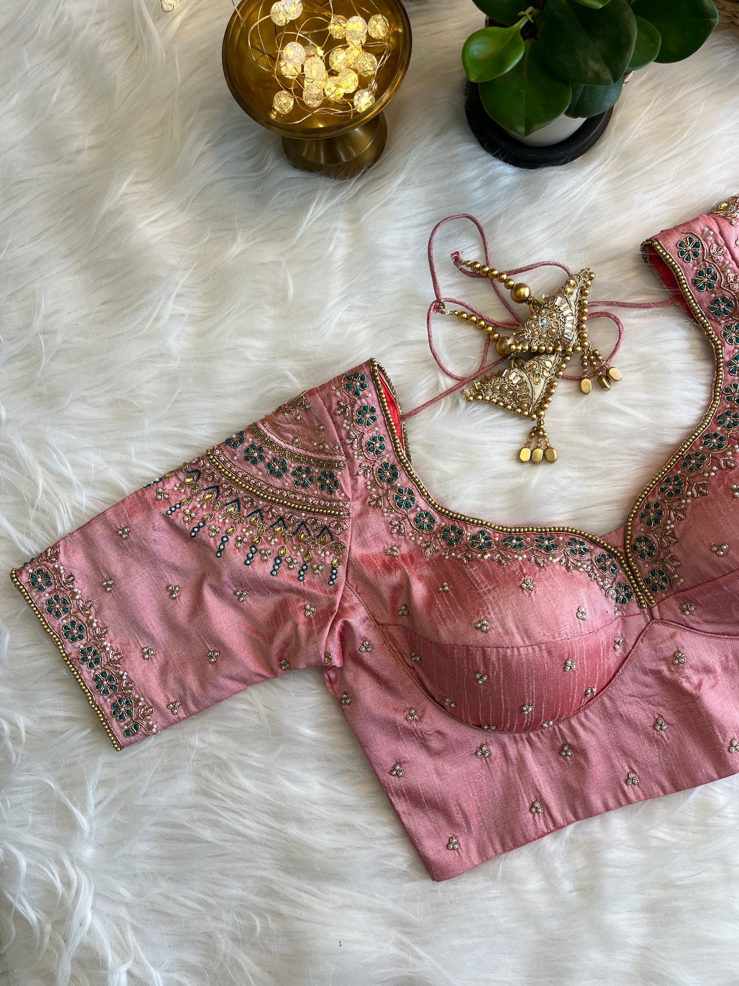 Peach Pink Bridal Zardozi Blouse - Luxurious Raw Silk Fusion for Your Special Day