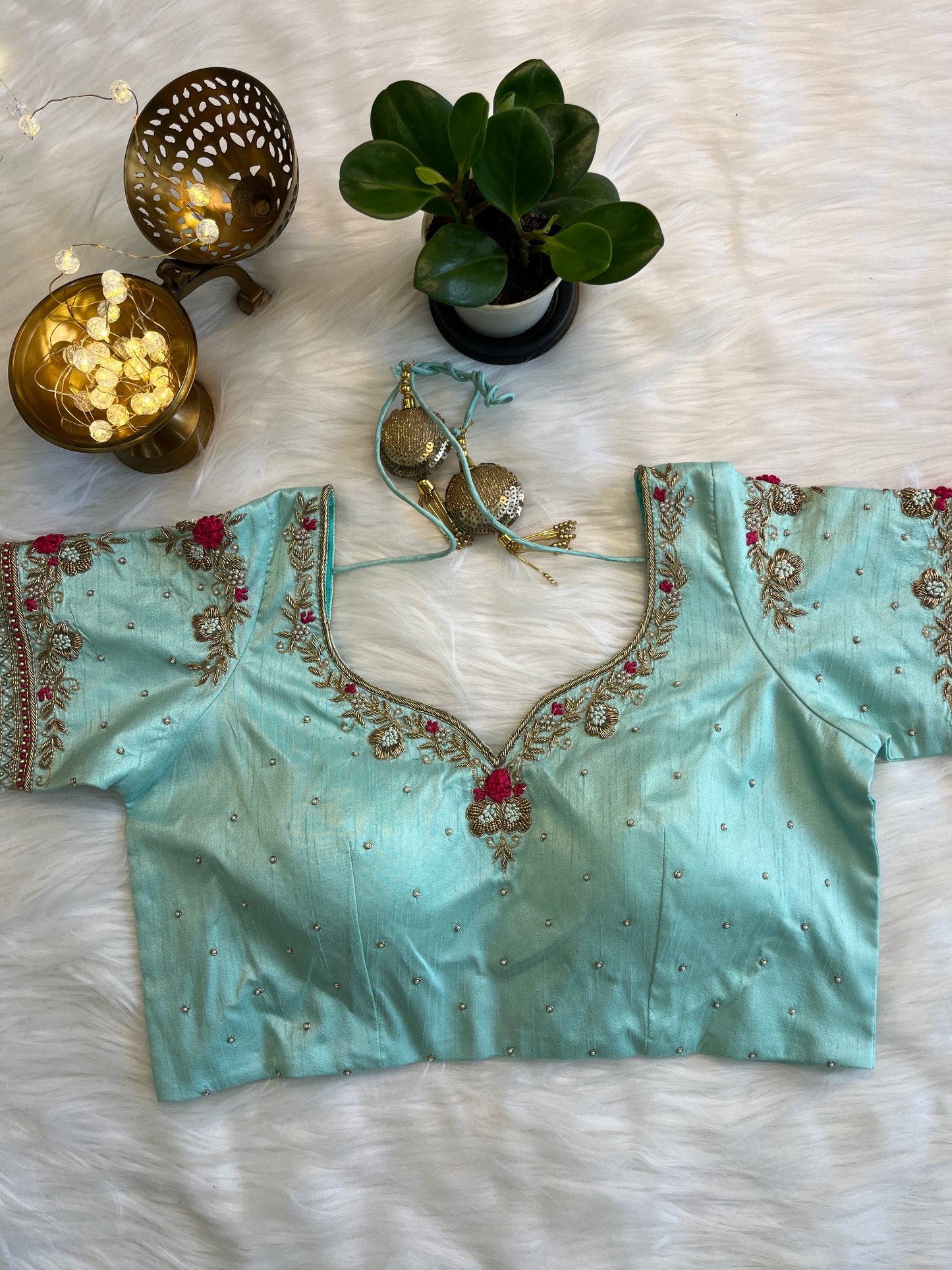 Fusion Silk Aqua Sea Green Blouse with Zardozi Work