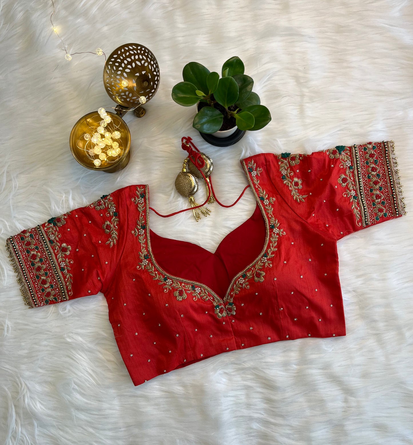 Elegant Fusion Silk Blouse with Metallic Red Zardozi Work