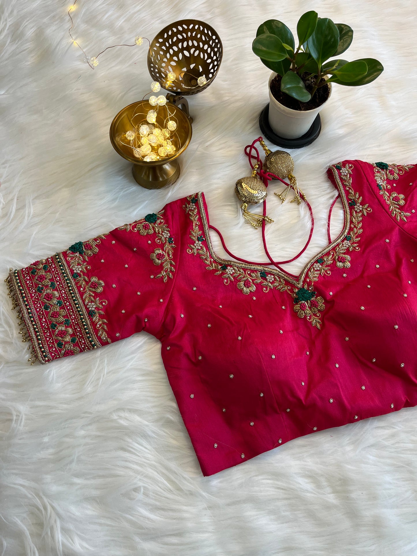 Radiant Rani Pink Raw Silk Fusion Blouse with Exquisite Zardozi Embroidery