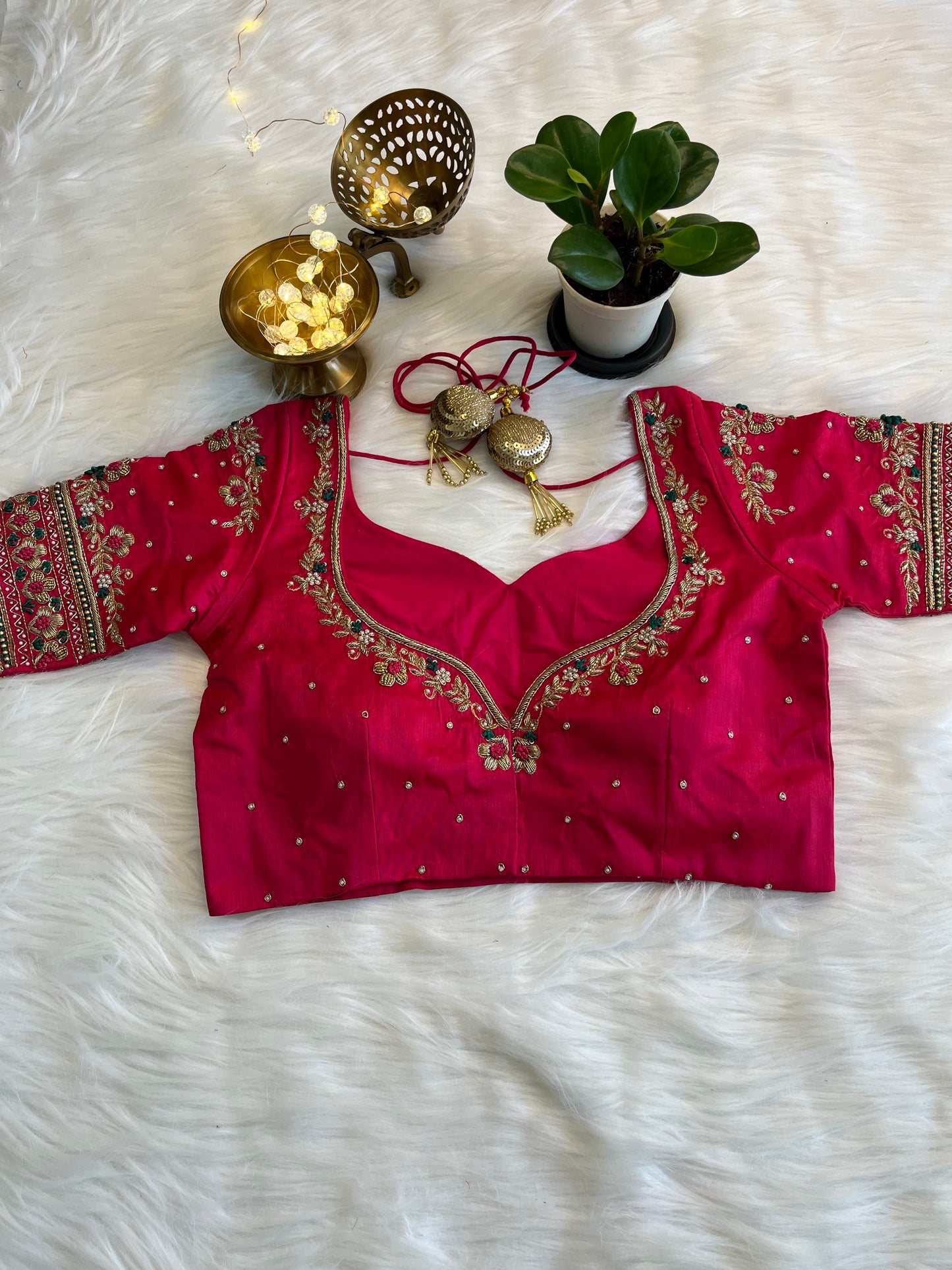Radiant Rani Pink Raw Silk Fusion Blouse with Exquisite Zardozi Embroidery