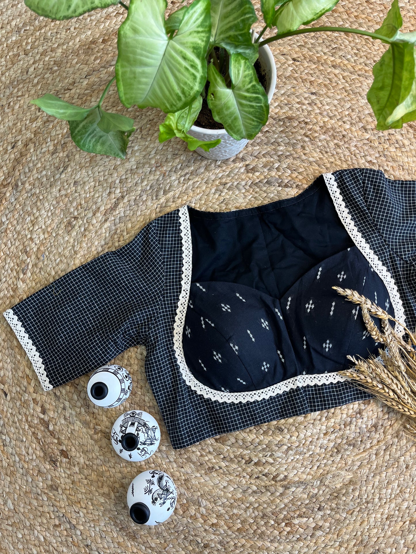 Timeless Ebony Handloom Jacquard Cotton Blouse with Graceful Lace Detailing