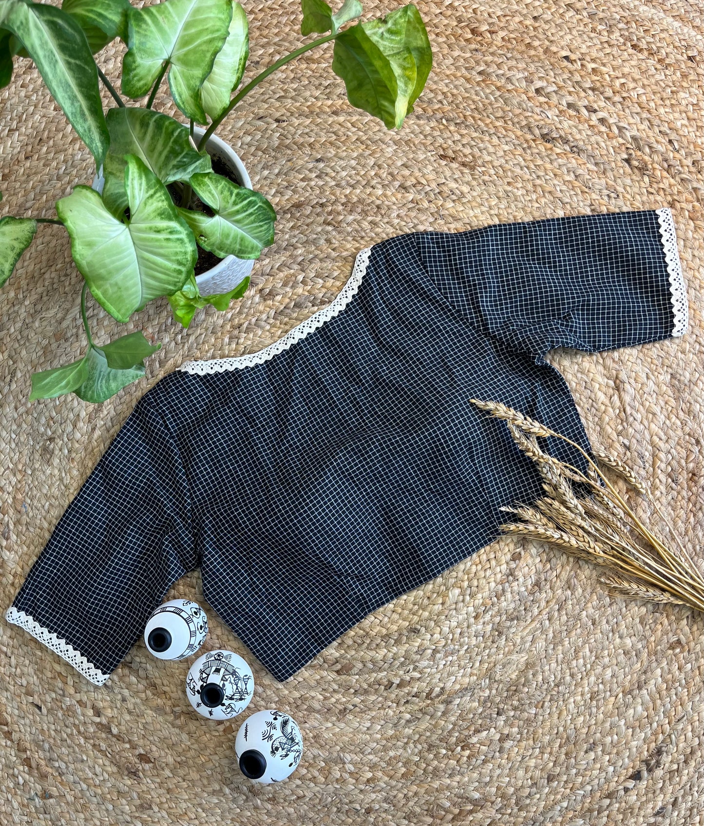 Timeless Ebony Handloom Jacquard Cotton Blouse with Graceful Lace Detailing