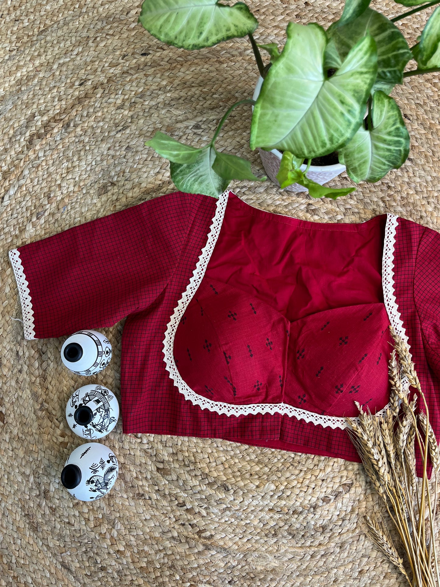 Elegant Crimson Handloom Jacquard Cotton Blouse with Intricate Lace Accents