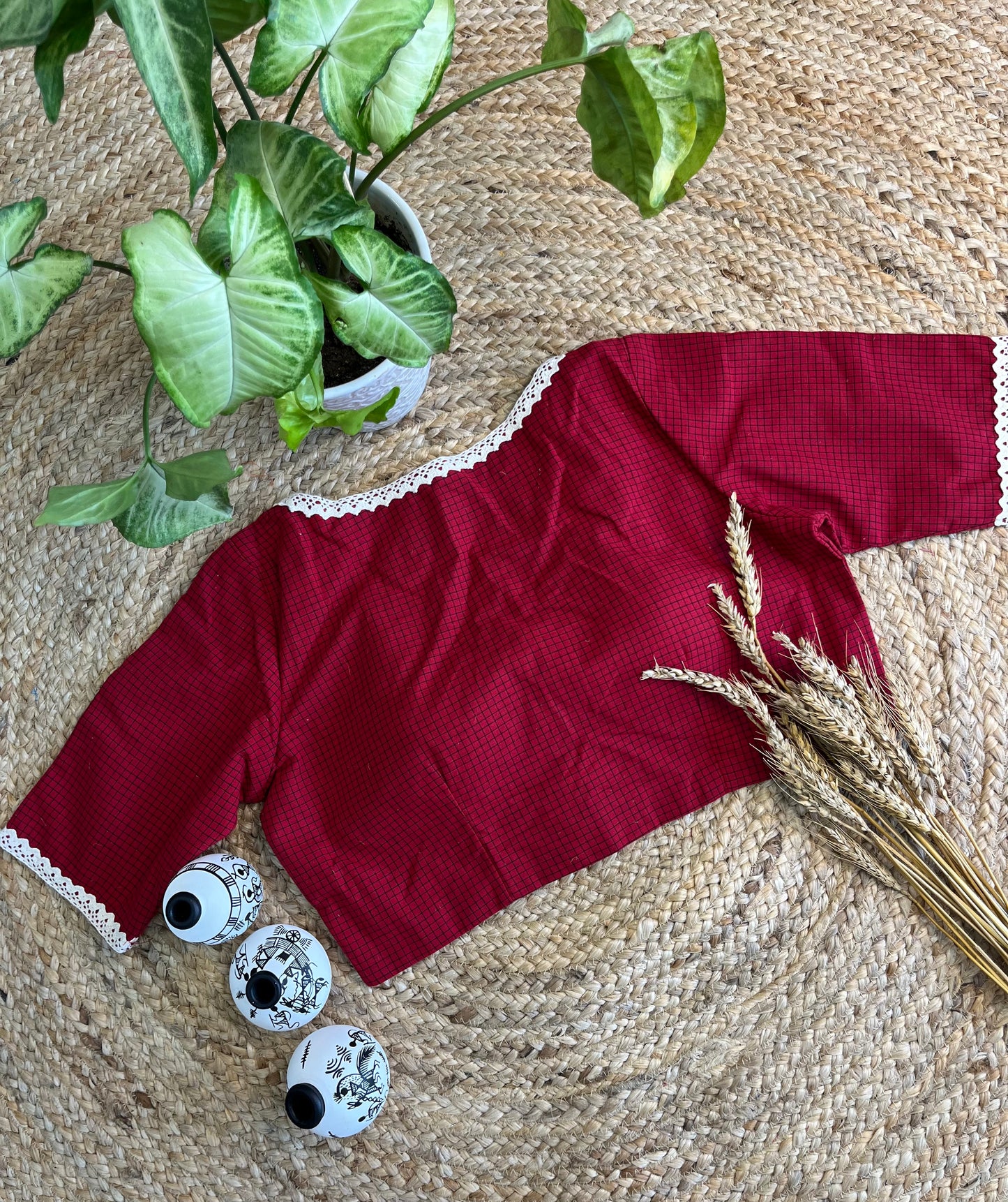 Elegant Crimson Handloom Jacquard Cotton Blouse with Intricate Lace Accents