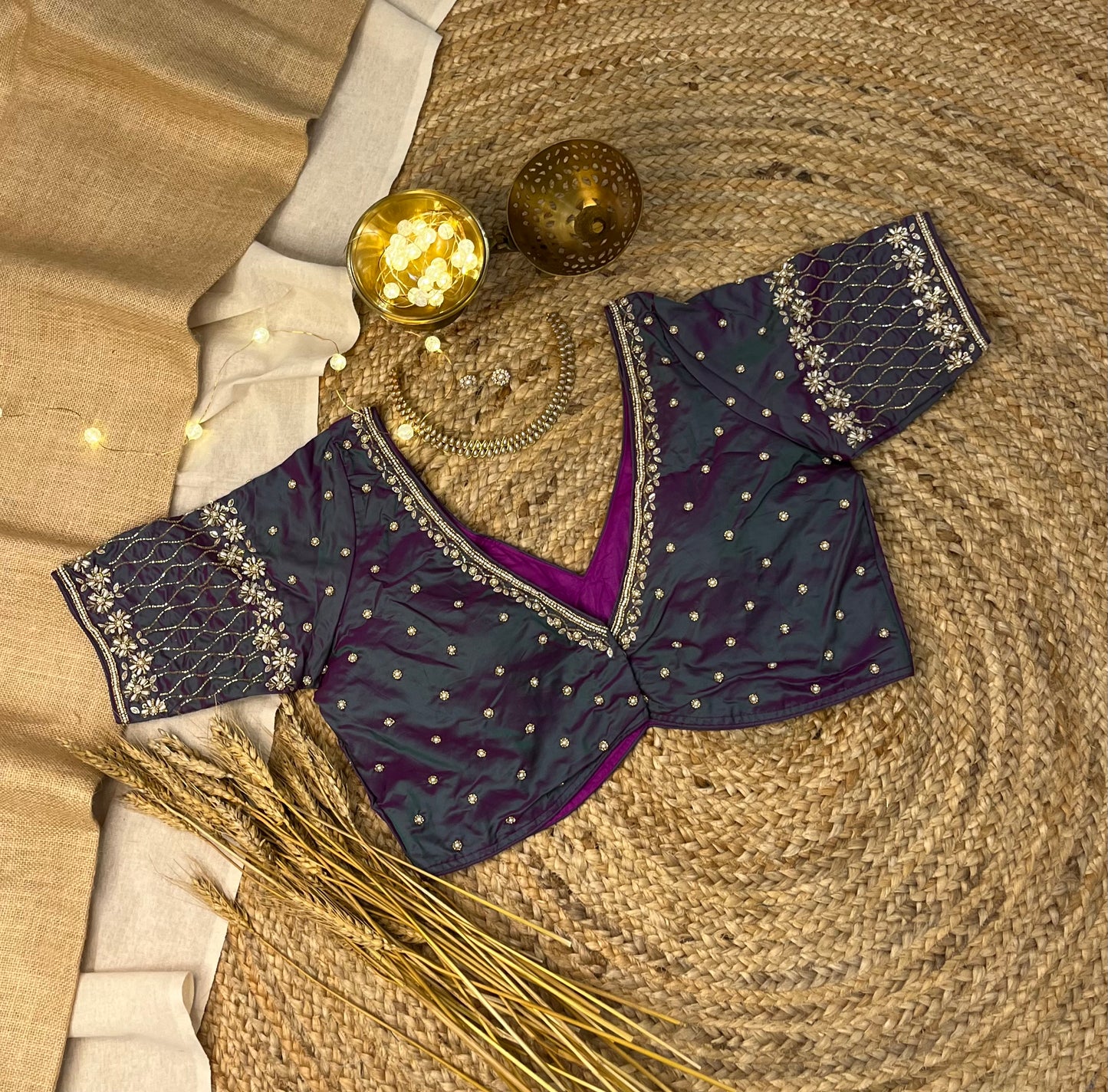 Teal Green and Purple Mixed Bridal Blouse with Handcrafted Zardosi - WEVOW