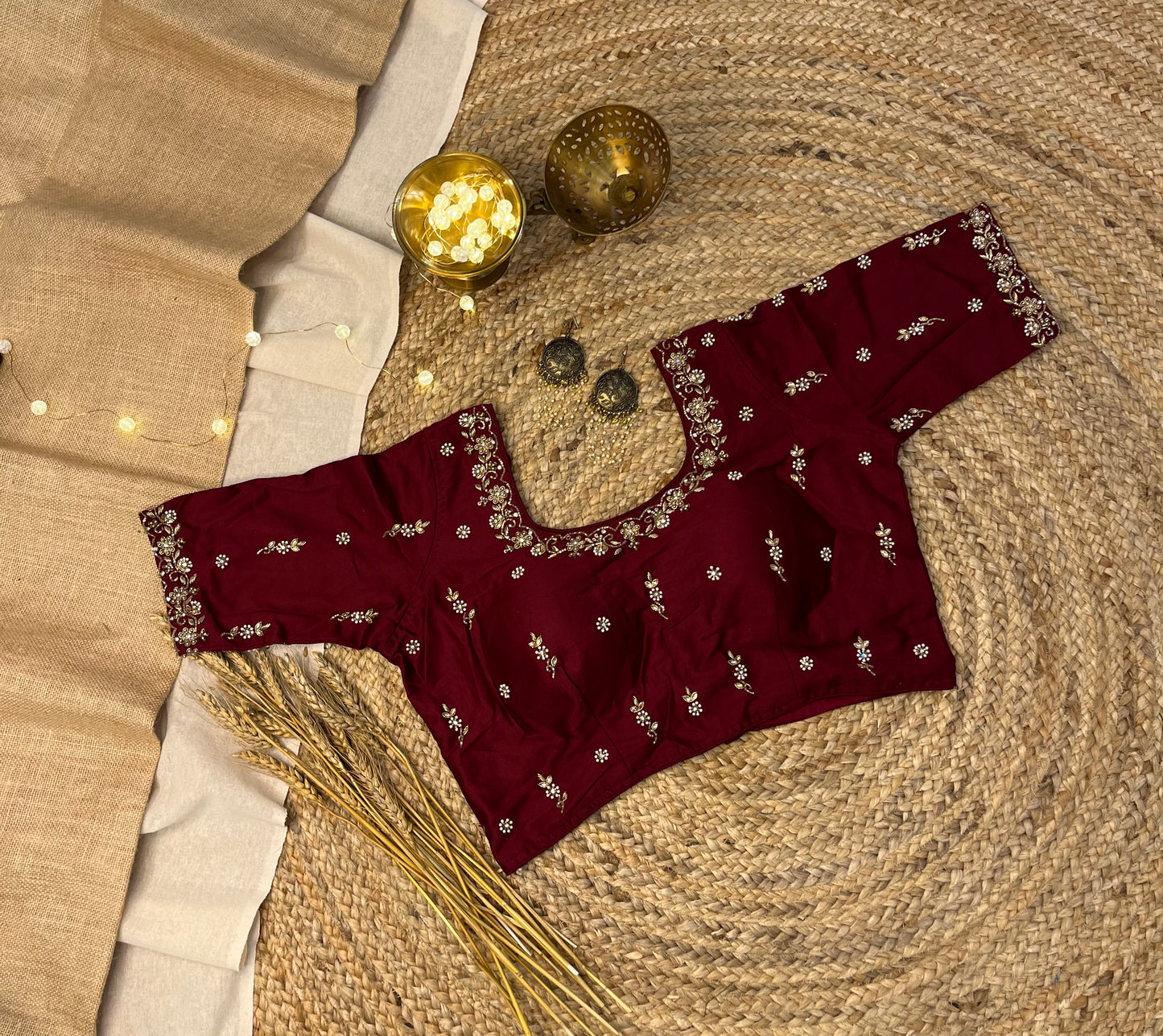 Luxury Dark Maroon Bridal Blouse with Embroidered Sequins - WEVOW