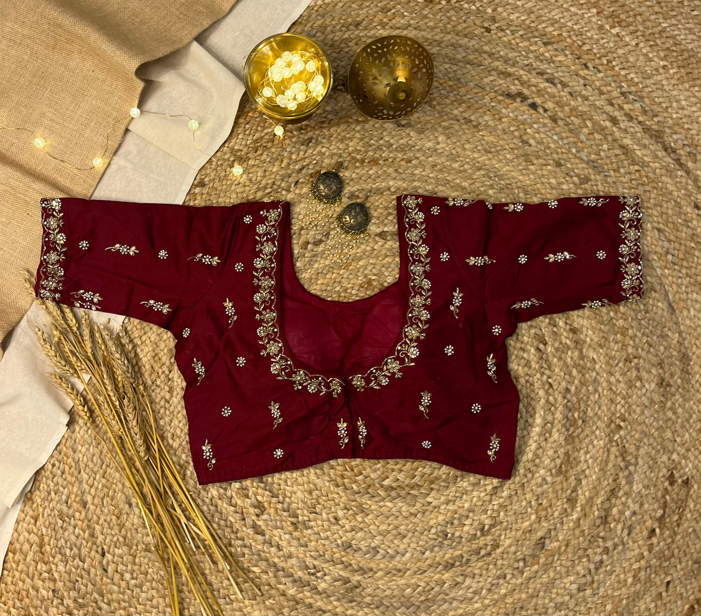 Luxury Dark Maroon Bridal Blouse with Embroidered Sequins - WEVOW