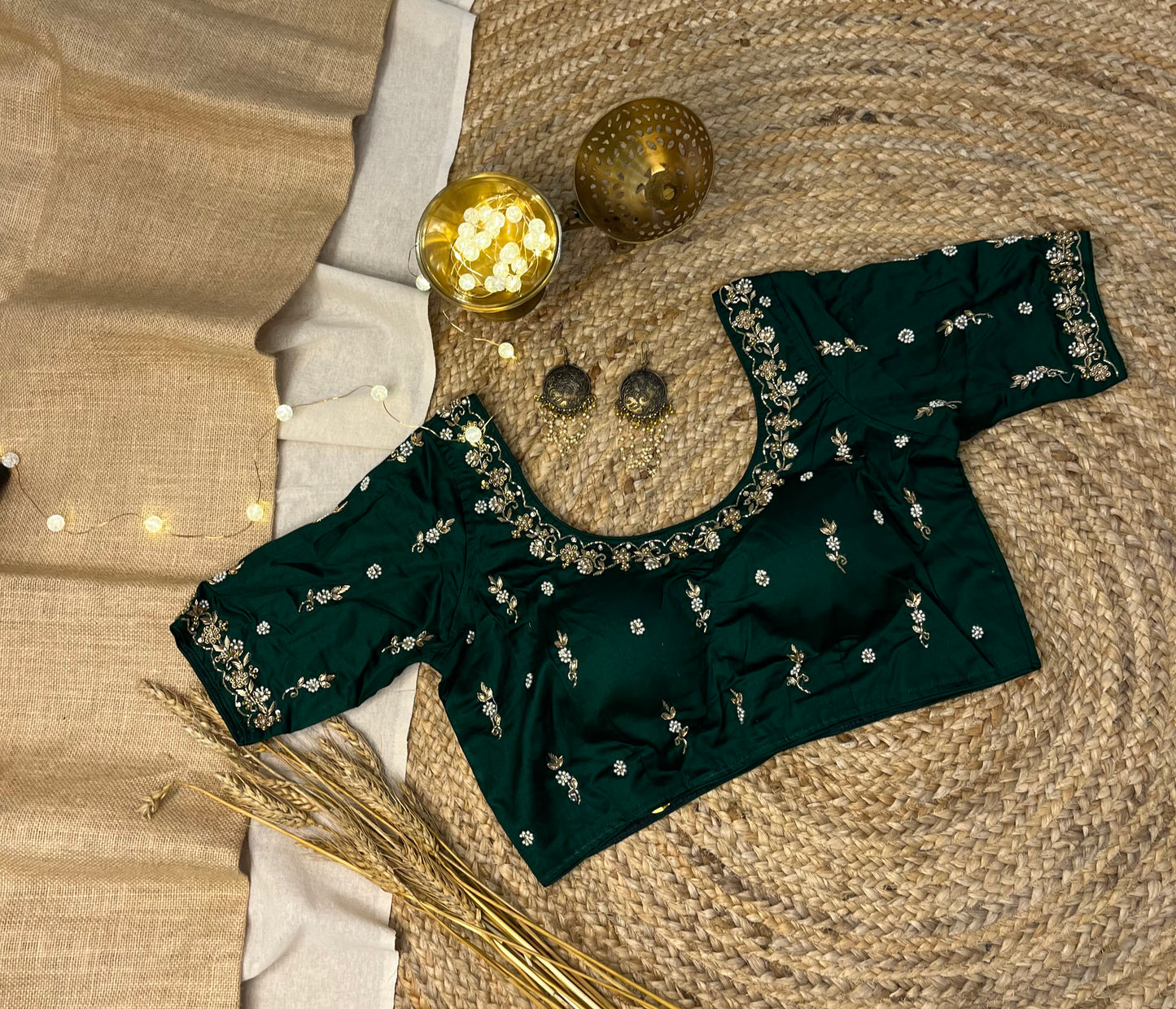 Luxury Dark Green Bridal Blouse with Embroidered - WEVOW