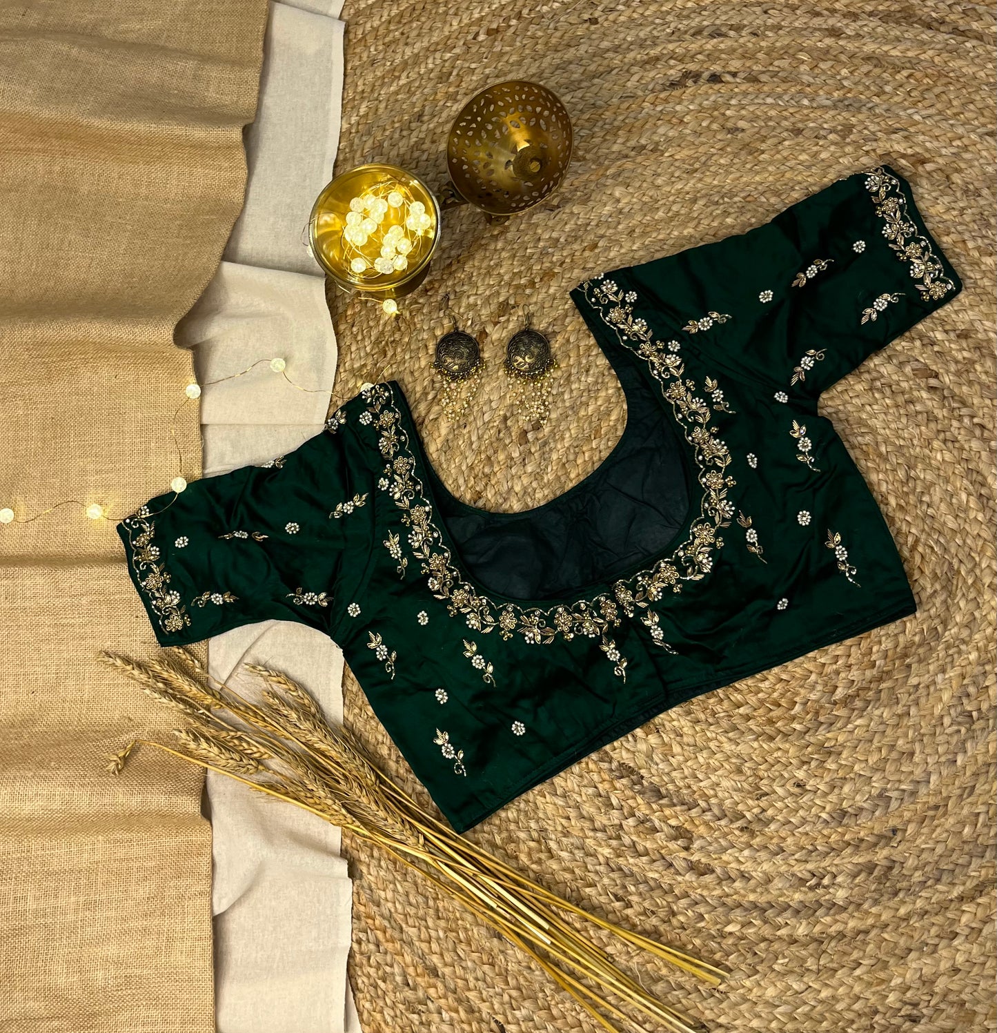 Luxury Dark Green Bridal Blouse with Embroidered - WEVOW