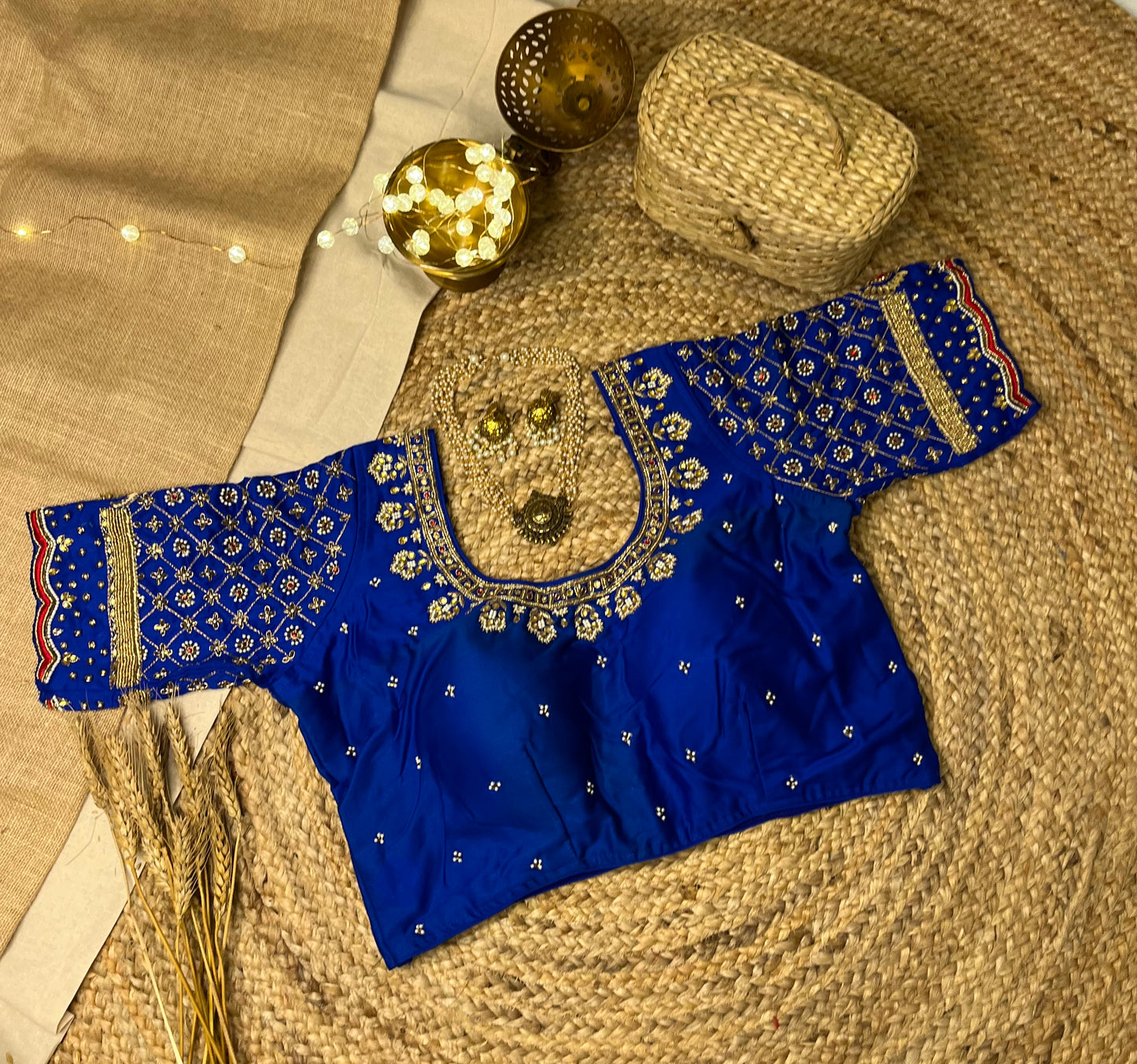 Royal Blue Bridal Blouse with Intricate Handwork - WEVOW