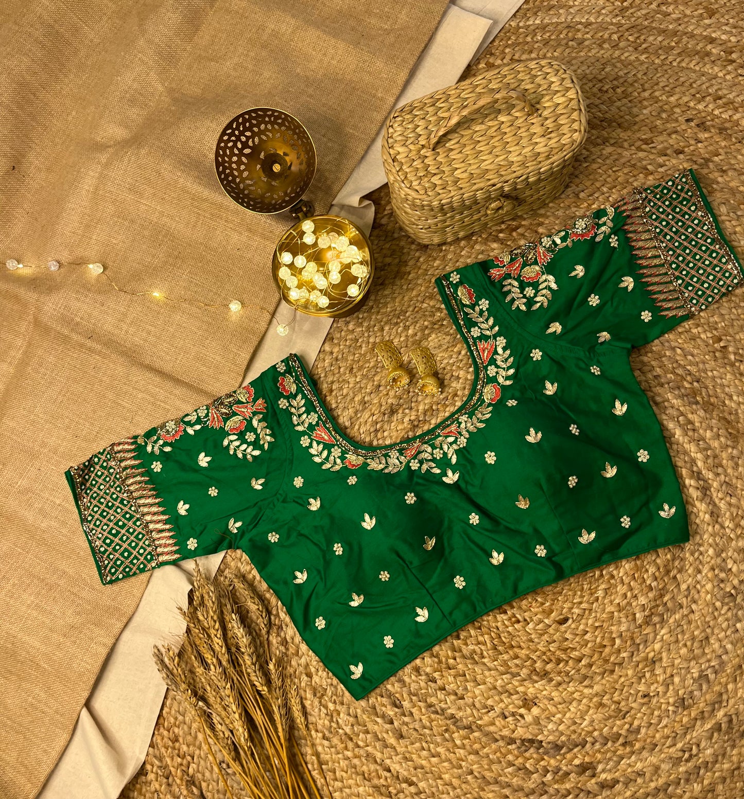 Handcrafted Green Bridal Blouse with gota patti Work - WEVOW