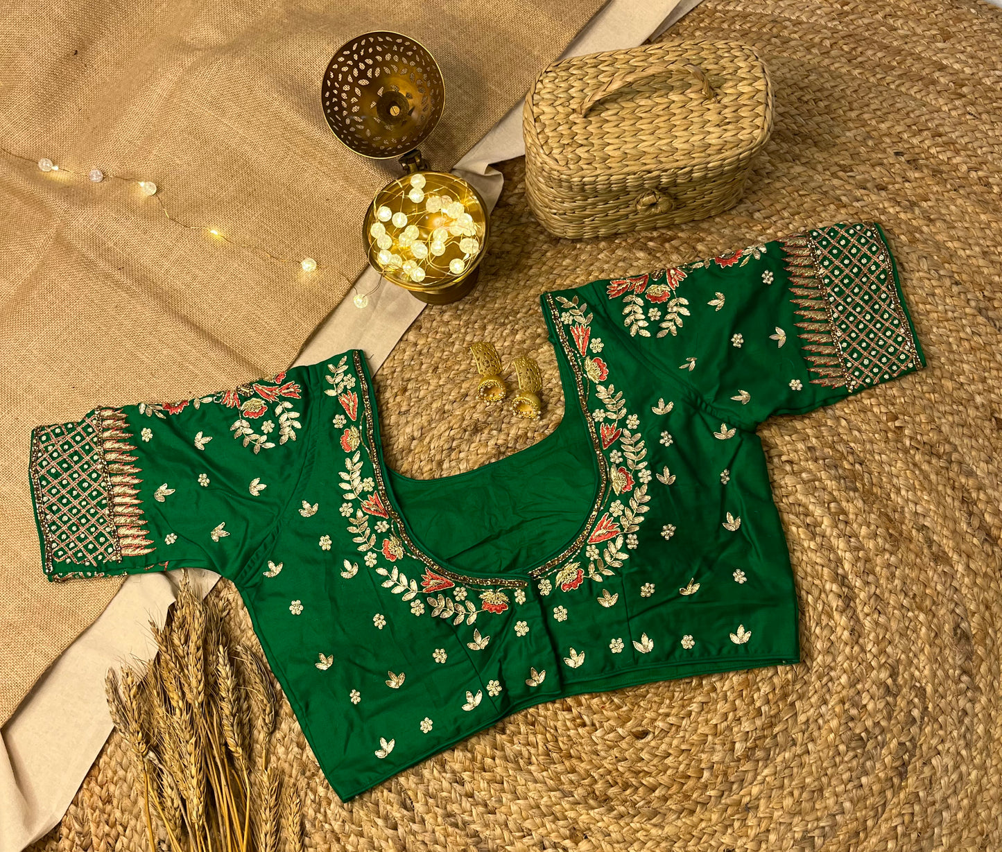 Handcrafted Green Bridal Blouse with gota patti Work - WEVOW