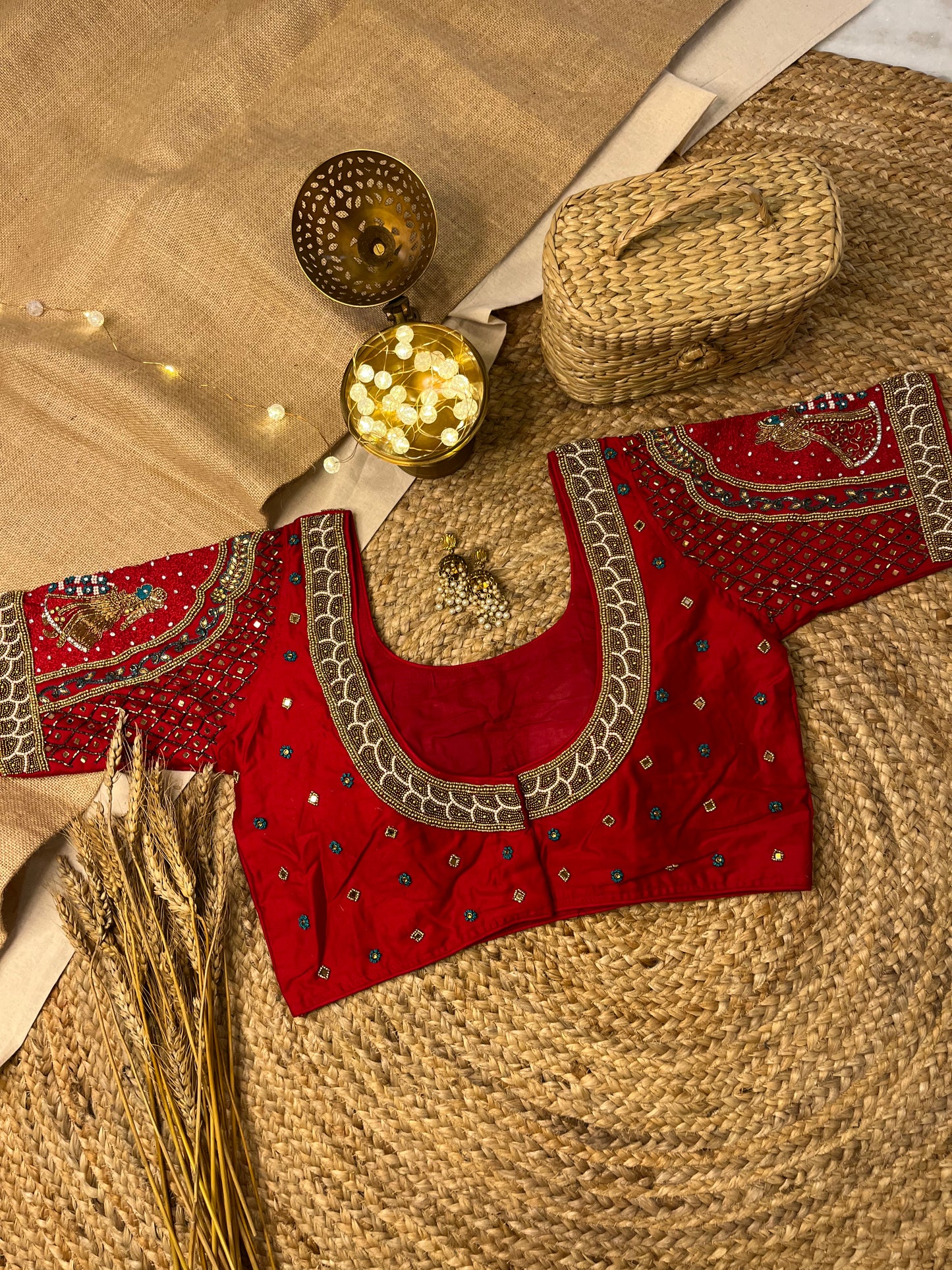 Bright Red Bridal Blouse with Elegant Threadwork - WEVOW
