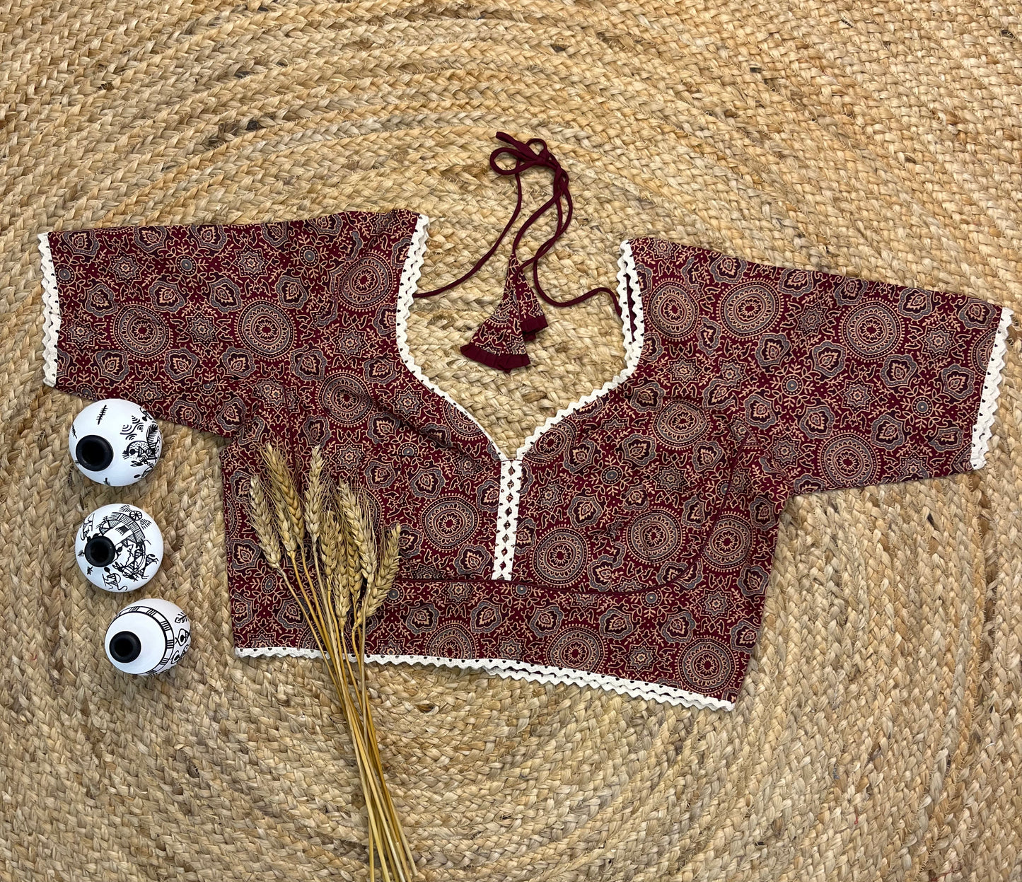 Elegant Deep Maroon Punjabi Neck Blouse with Intricate Prints - WEVOW
