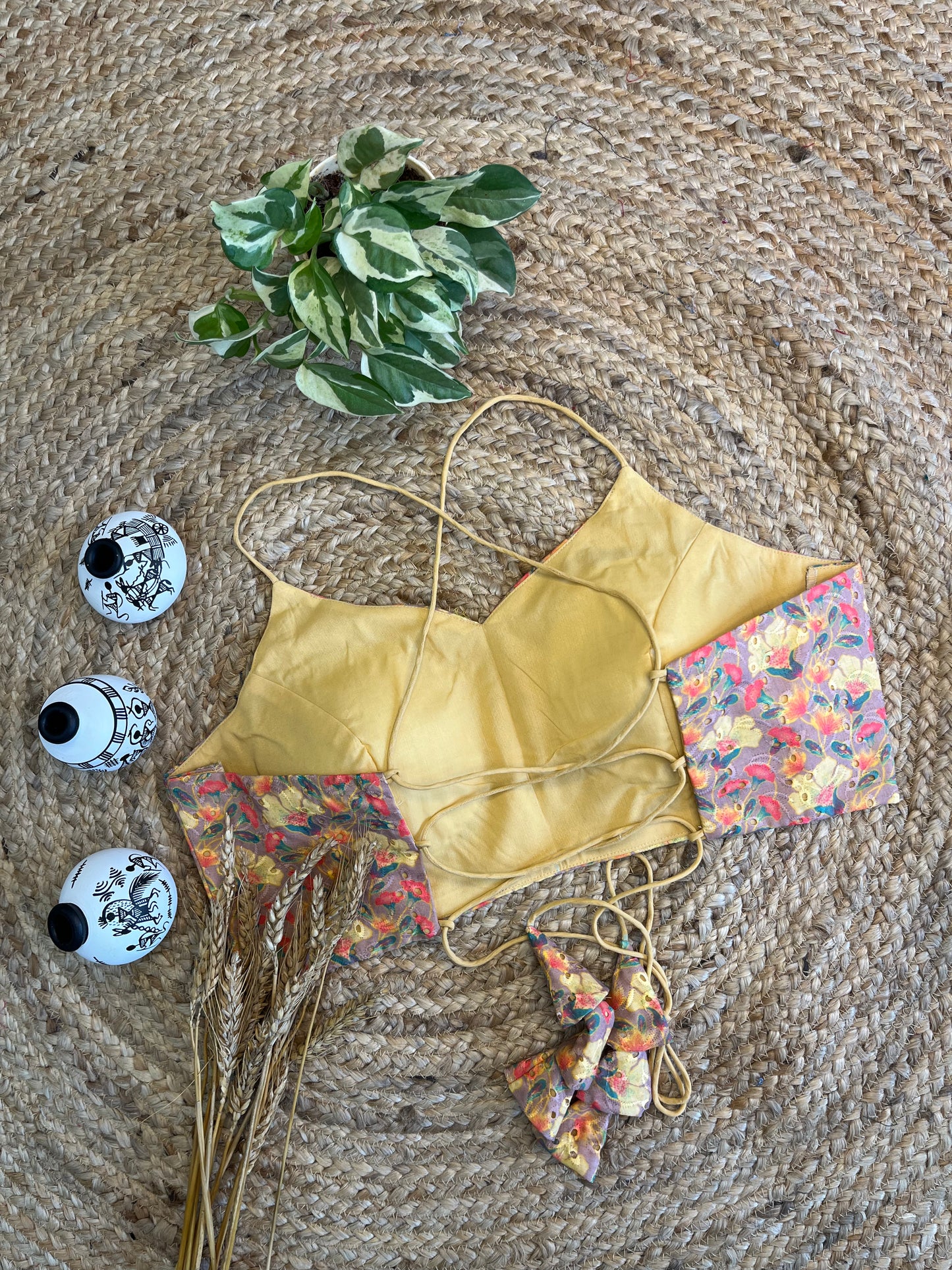 Hakoba Digital Print Noodle Strap Corset Blouse – Vibrant Yellow & Multi-Color Cotton Elegance