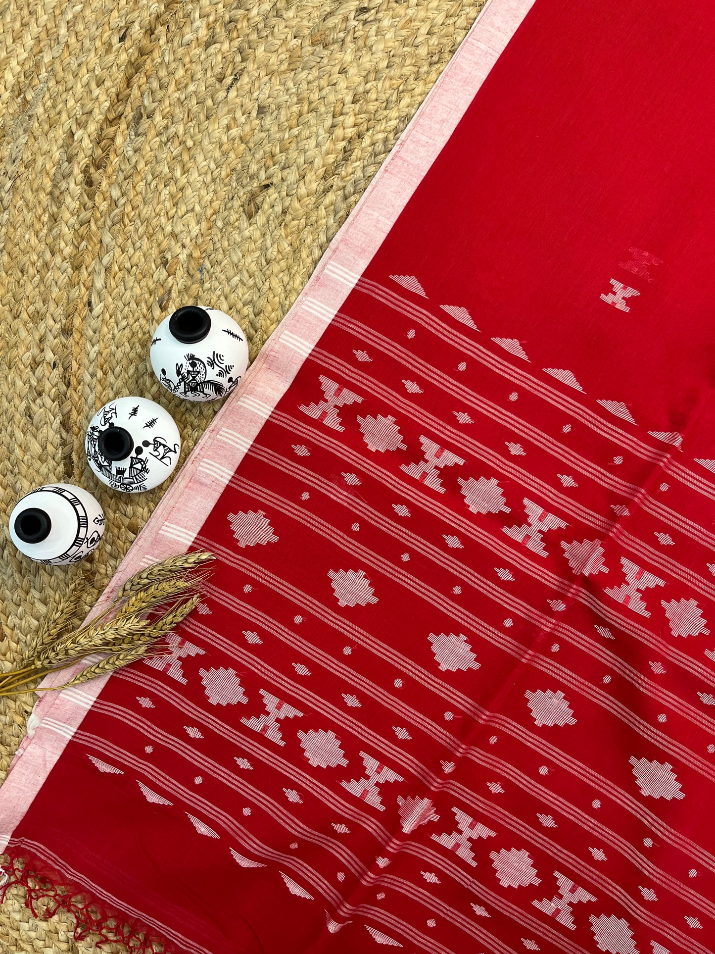 Vibrant Red Cotton Tangail Saree with Geometric Motifs - WEVOW