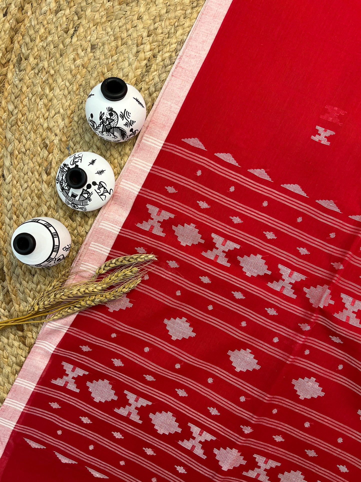 Vibrant Red Cotton Tangail Saree with Geometric Motifs - WEVOW